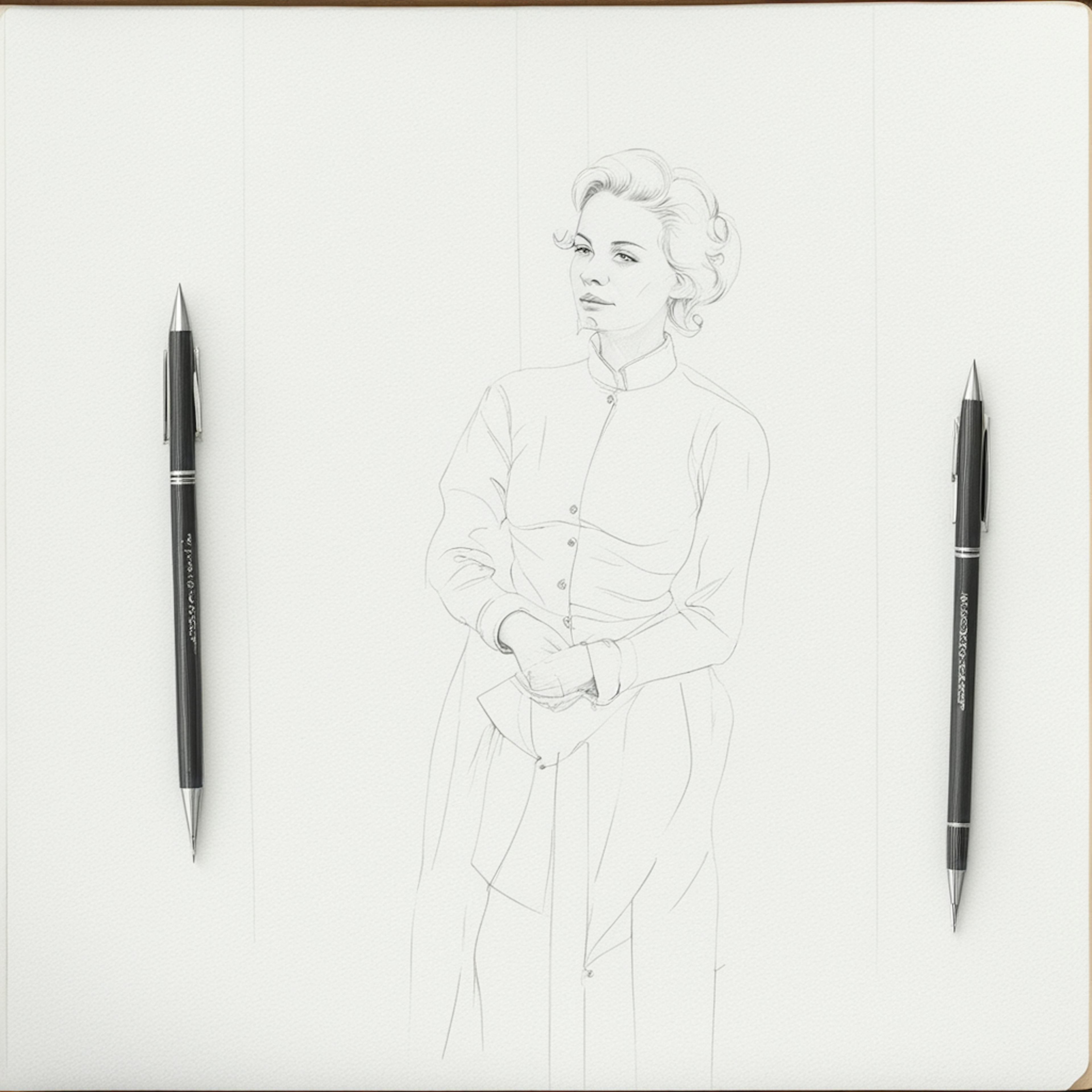 A clean, detailed pencil sketch of a woman in a vintage dress, standing with her hands clasped, is drawn on a white sheet of paper. Two mechanical pencils are placed symmetrically on either side of the paper, highlighting the tools used for the artwork. The background is minimalistic, keeping the focus on the sketch and pencils. This image is perfect for illustrating "pencil paper clipart."