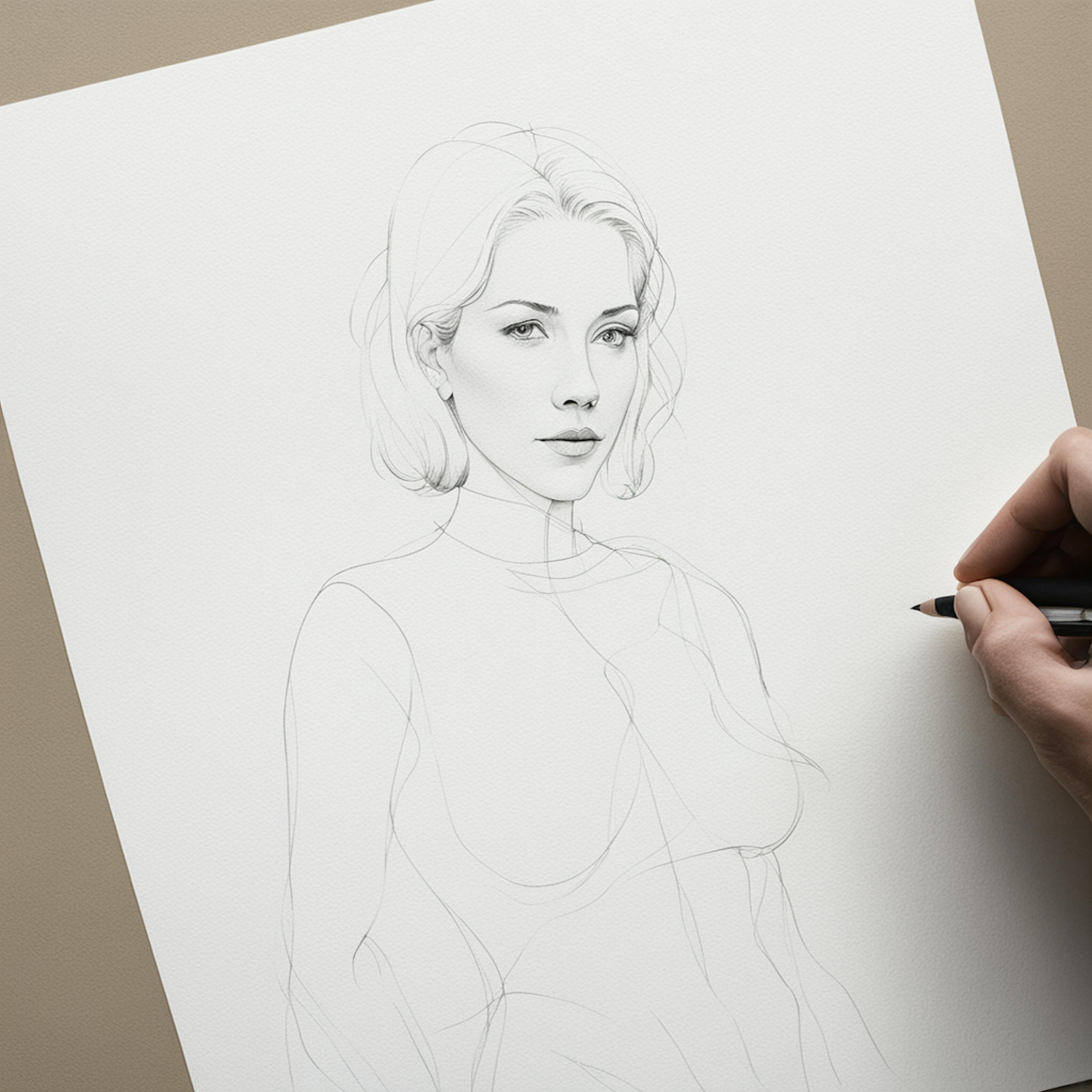 A detailed sketch of a young woman with short hair is being drawn on a piece of white paper. The artist's hand, holding a pencil, is visible in the lower right corner, adding fine lines to the portrait. The woman in the sketch has a serene expression, with delicate features and a simple, elegant outfit. The background is a neutral beige, emphasizing the focus on the drawing itself. This image is suitable for illustrating "pencil paper clipart."