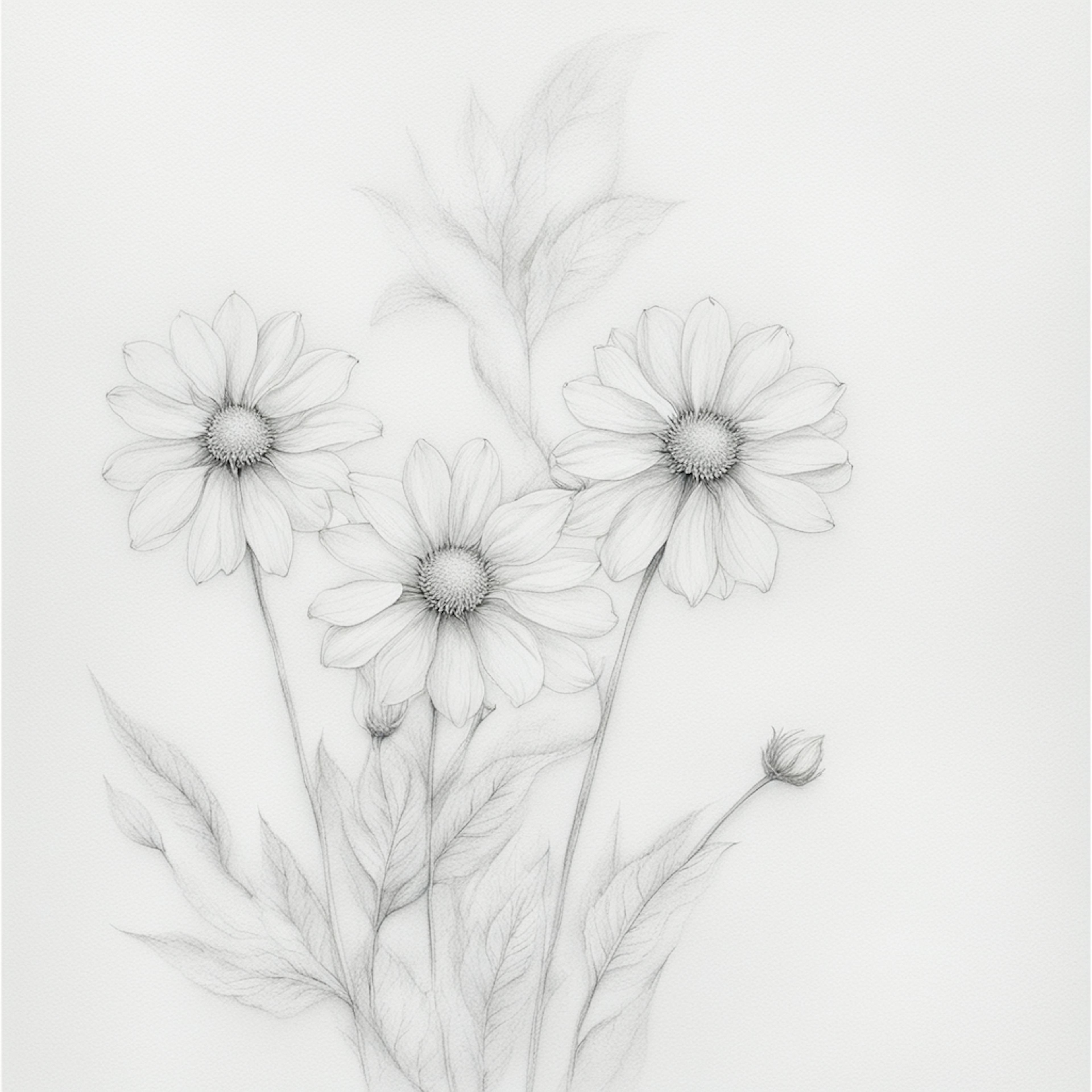 A delicate pencil sketch of three blooming flowers with intricate petals and detailed leaves. The flowers are drawn with fine lines, creating a soft and graceful appearance. The background is a clean white, emphasizing the beauty of the floral illustration. This image is ideal for illustrating "pencil sketches of flowers."