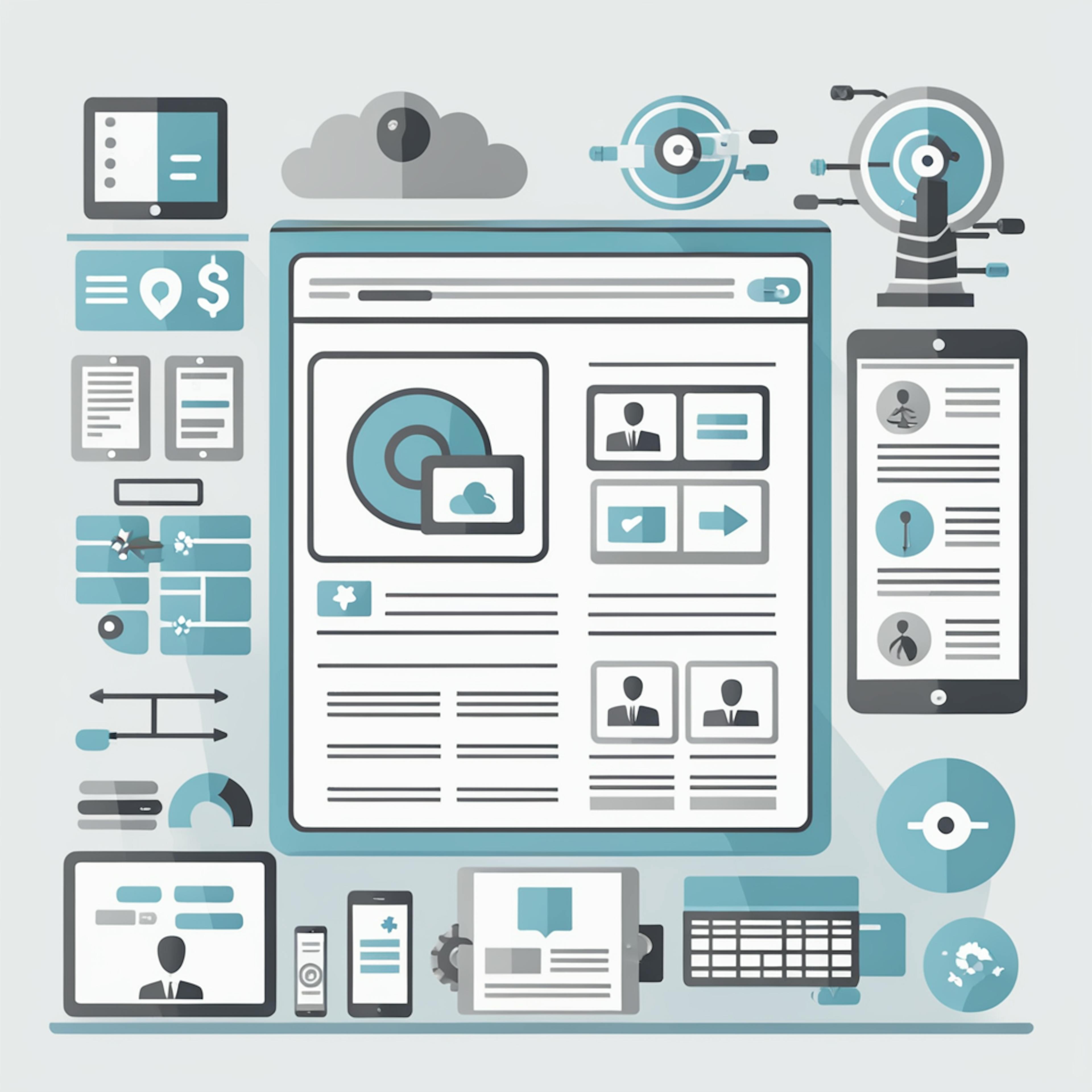 An illustration showcasing various elements of a "webflow portfolio", including icons representing web pages, cloud storage, mobile devices, and data analytics, all in a cohesive layout.