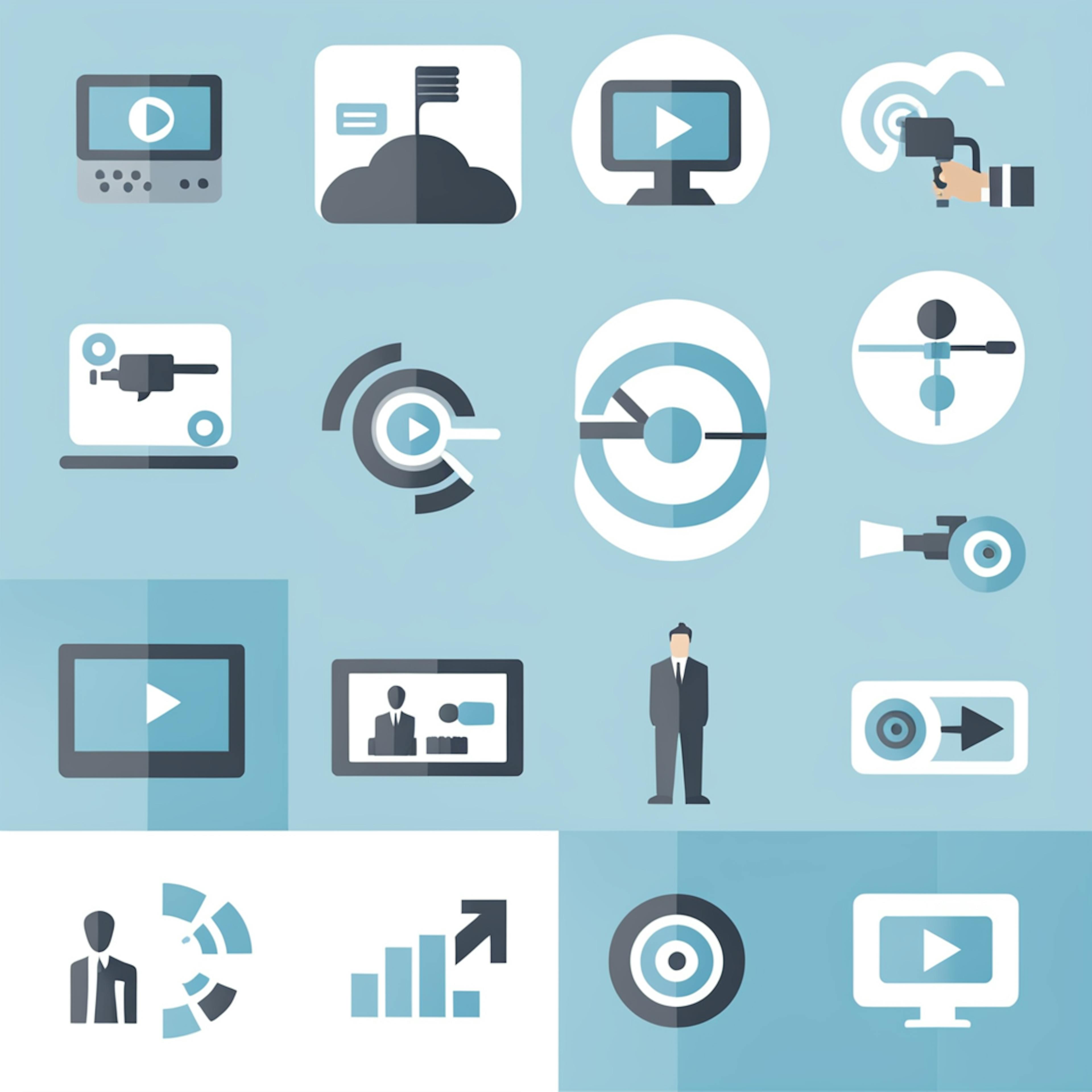 A detailed set of icons for a "video production website," highlighting different aspects such as video playback, camera equipment, data charts, and user engagement, presented in a uniform style.