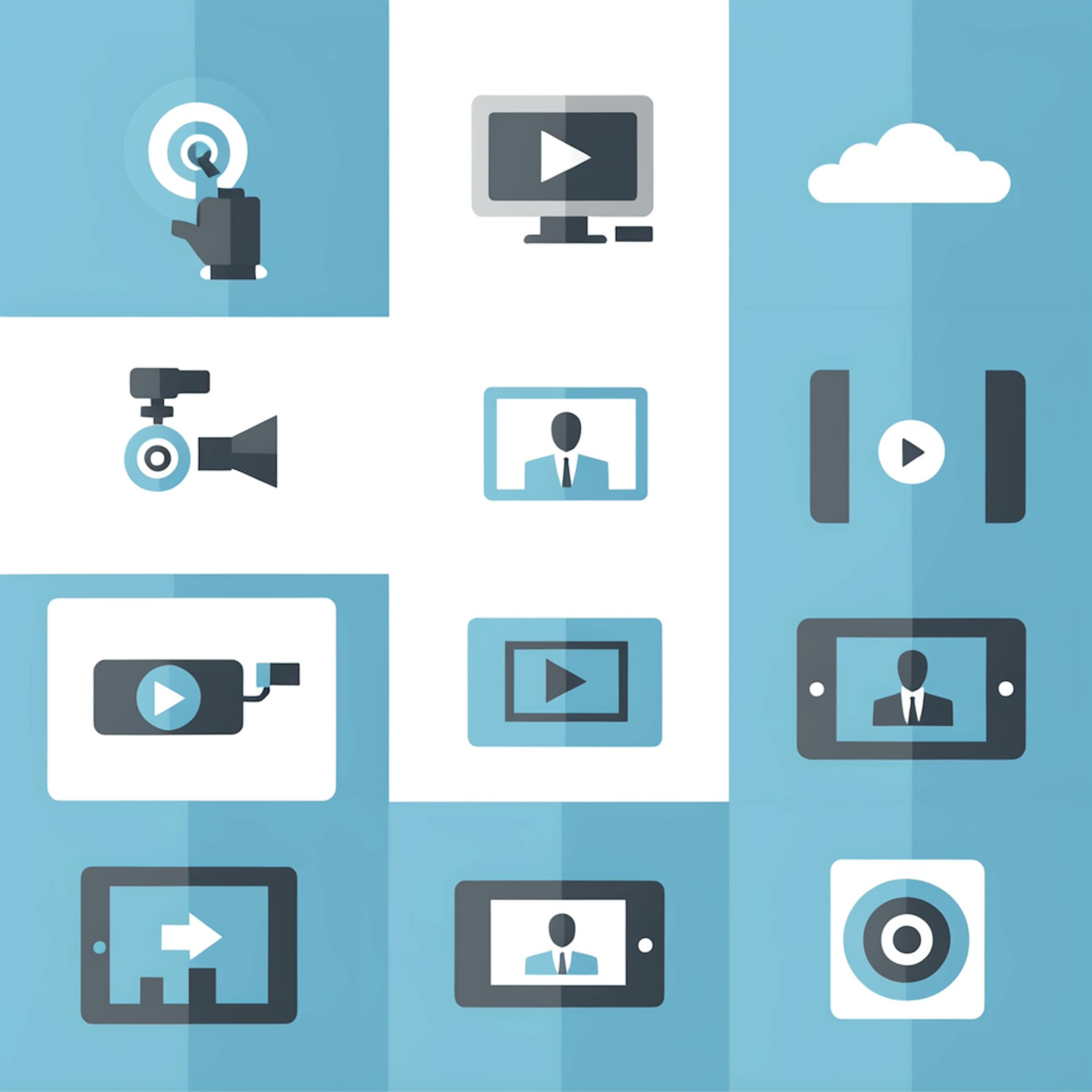 A collection of minimalistic icons representing key features of a "video production website," including video cameras, cloud storage, media playback, and user profiles, designed for easy recognition and use on various devices.