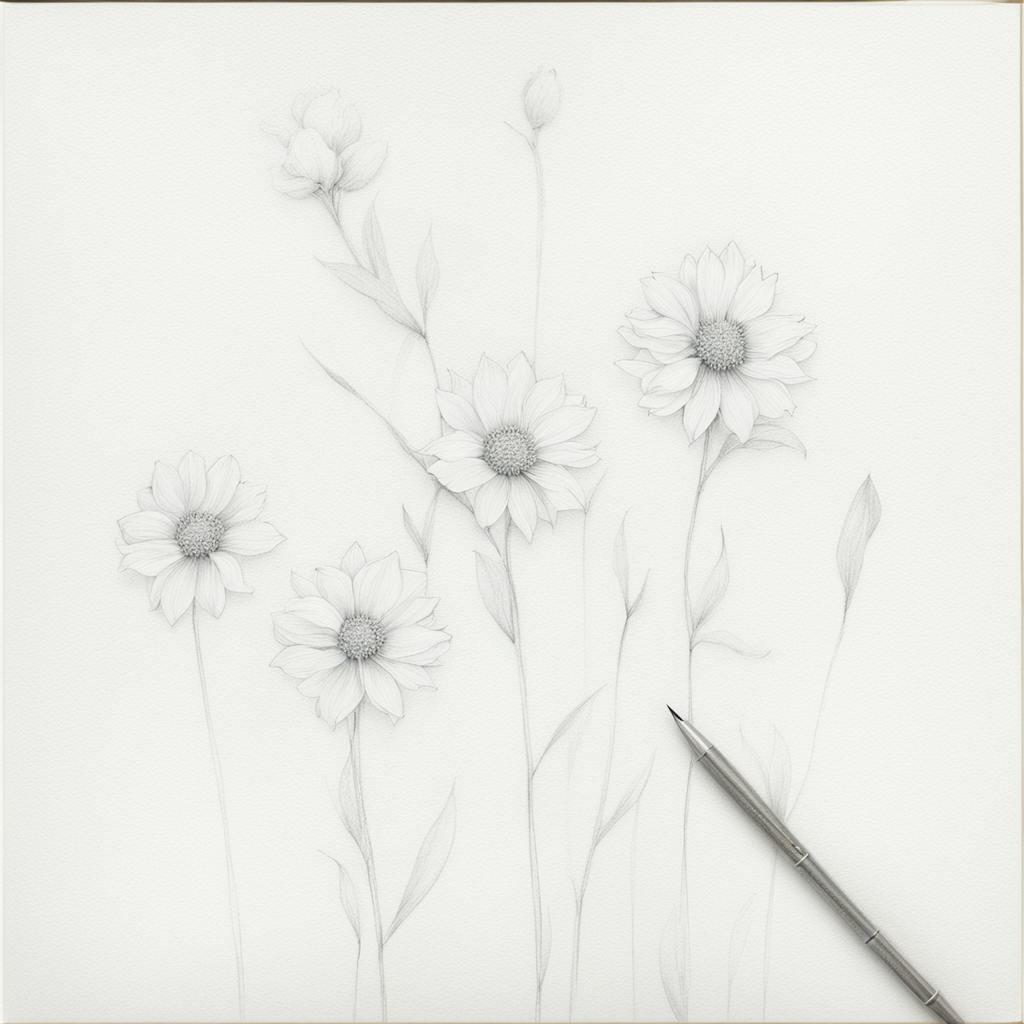 A delicate pencil sketch of three blooming flowers with intricate petals and detailed leaves. The flowers are drawn with fine lines, creating a soft and graceful appearance. The background is a clean white, emphasizing the beauty of the floral illustration. This image is ideal for illustrating "pencil sketches of flowers."