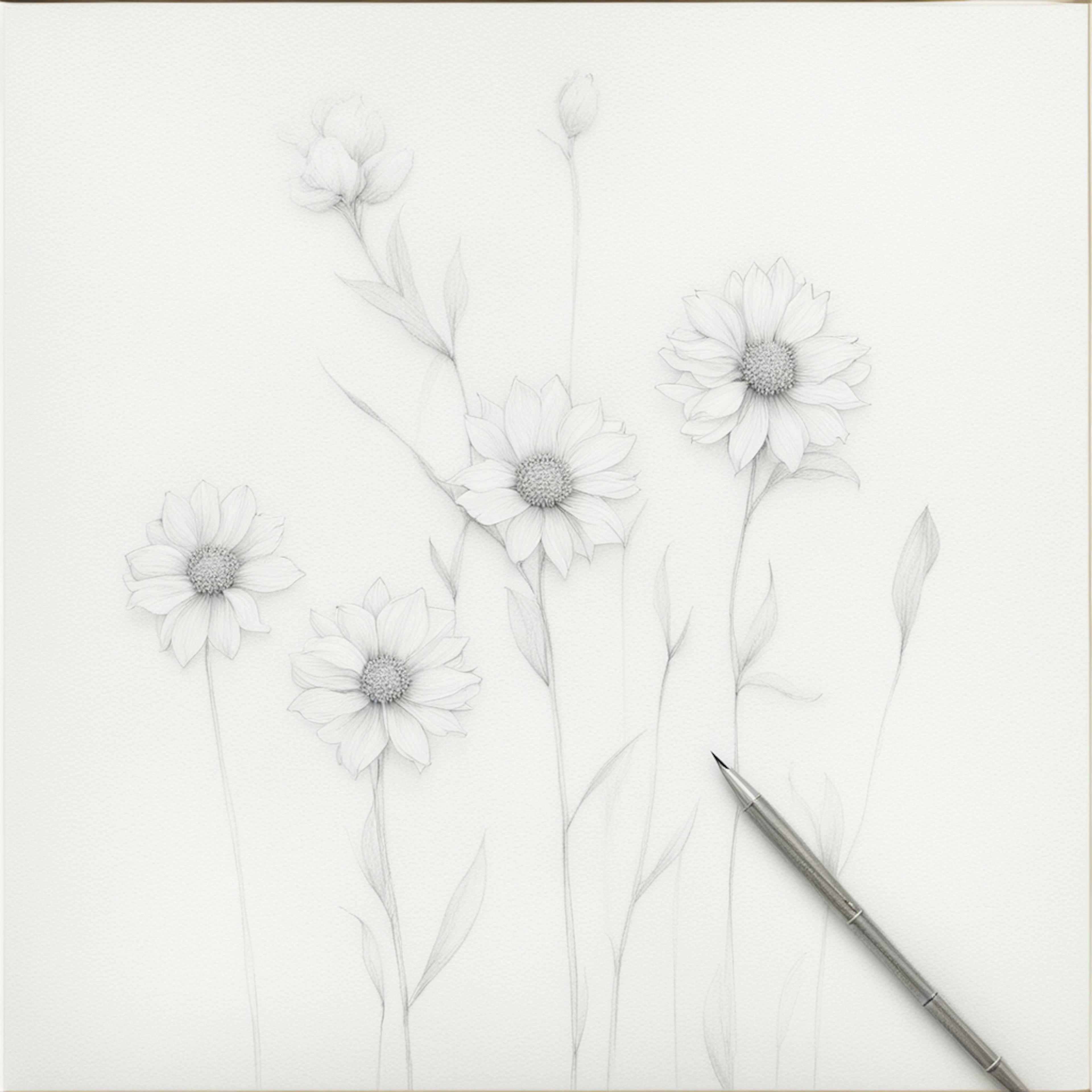 A delicate pencil sketch of three blooming flowers with intricate petals and detailed leaves. The flowers are drawn with fine lines, creating a soft and graceful appearance. The background is a clean white, emphasizing the beauty of the floral illustration. This image is ideal for illustrating "pencil sketches of flowers."