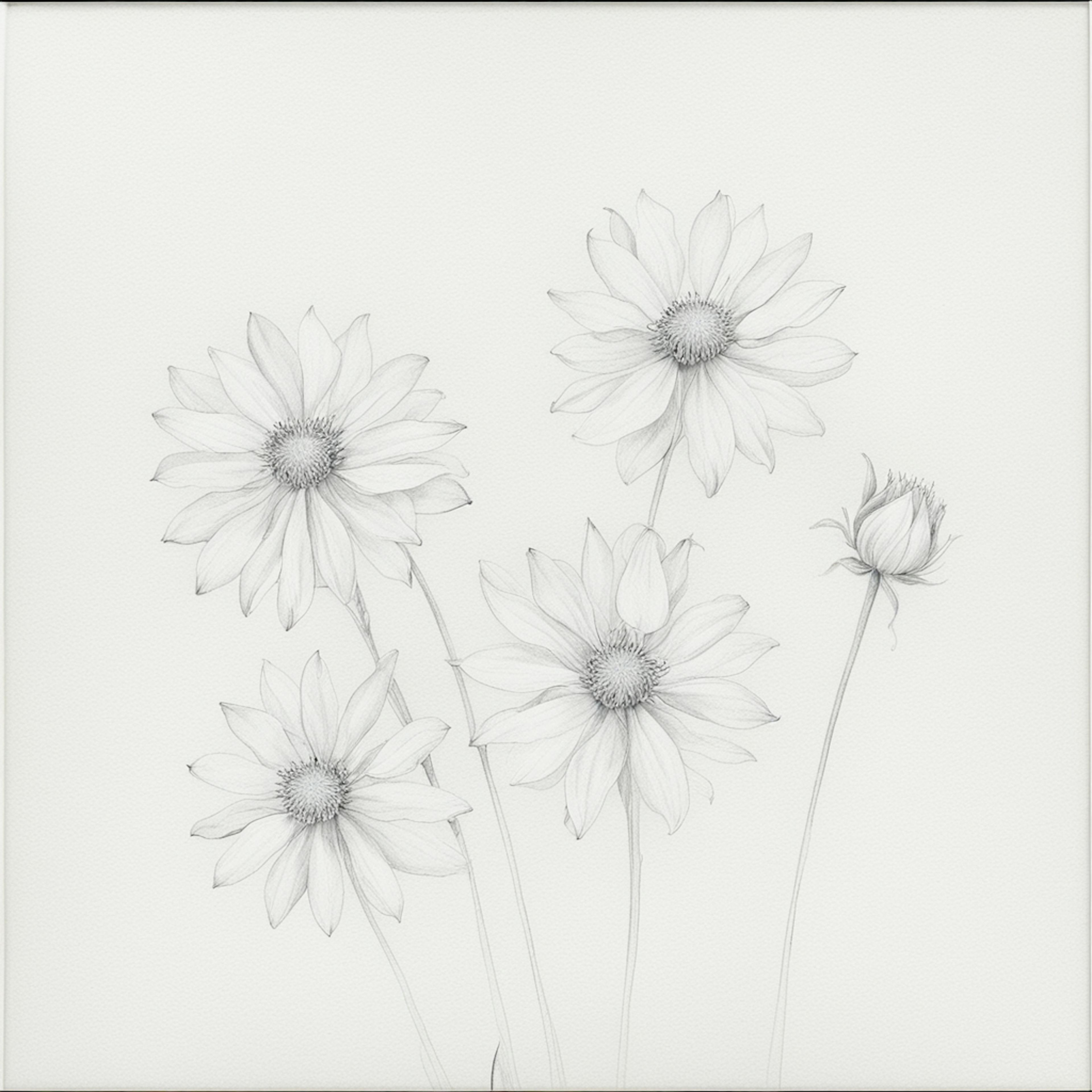 A delicate pencil sketch of three blooming flowers with intricate petals and detailed leaves. The flowers are drawn with fine lines, creating a soft and graceful appearance. The background is a clean white, emphasizing the beauty of the floral illustration. This image is ideal for illustrating "pencil sketches of flowers."