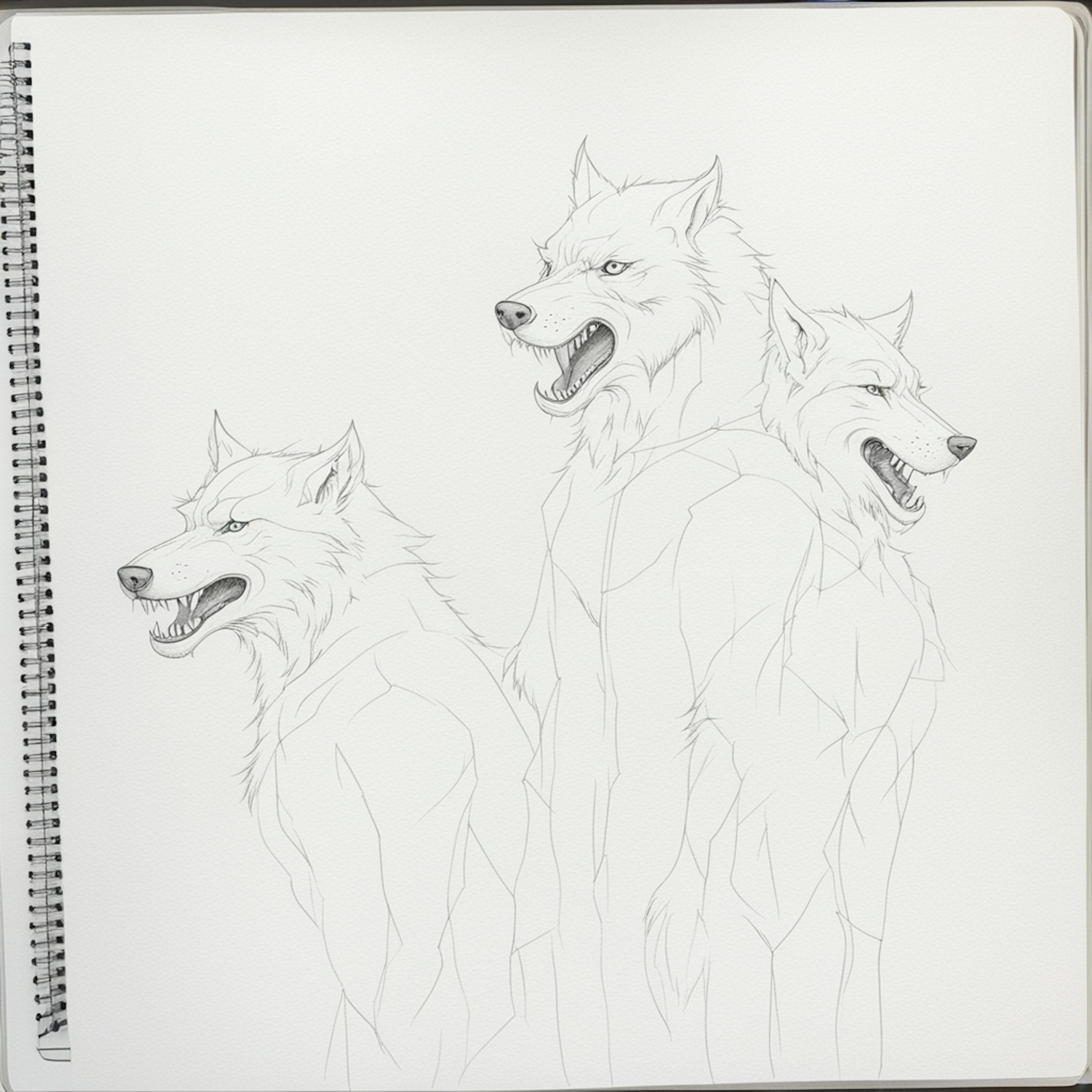 A detailed pencil drawing of three snarling werewolves, each showcasing sharp teeth and fierce expressions. The sketch is done on a spiral-bound notebook, highlighting the intricate fur and muscular build of the creatures. The background is kept simple to focus on the werewolves. This image is perfect for illustrating "pencil werewolf drawing."