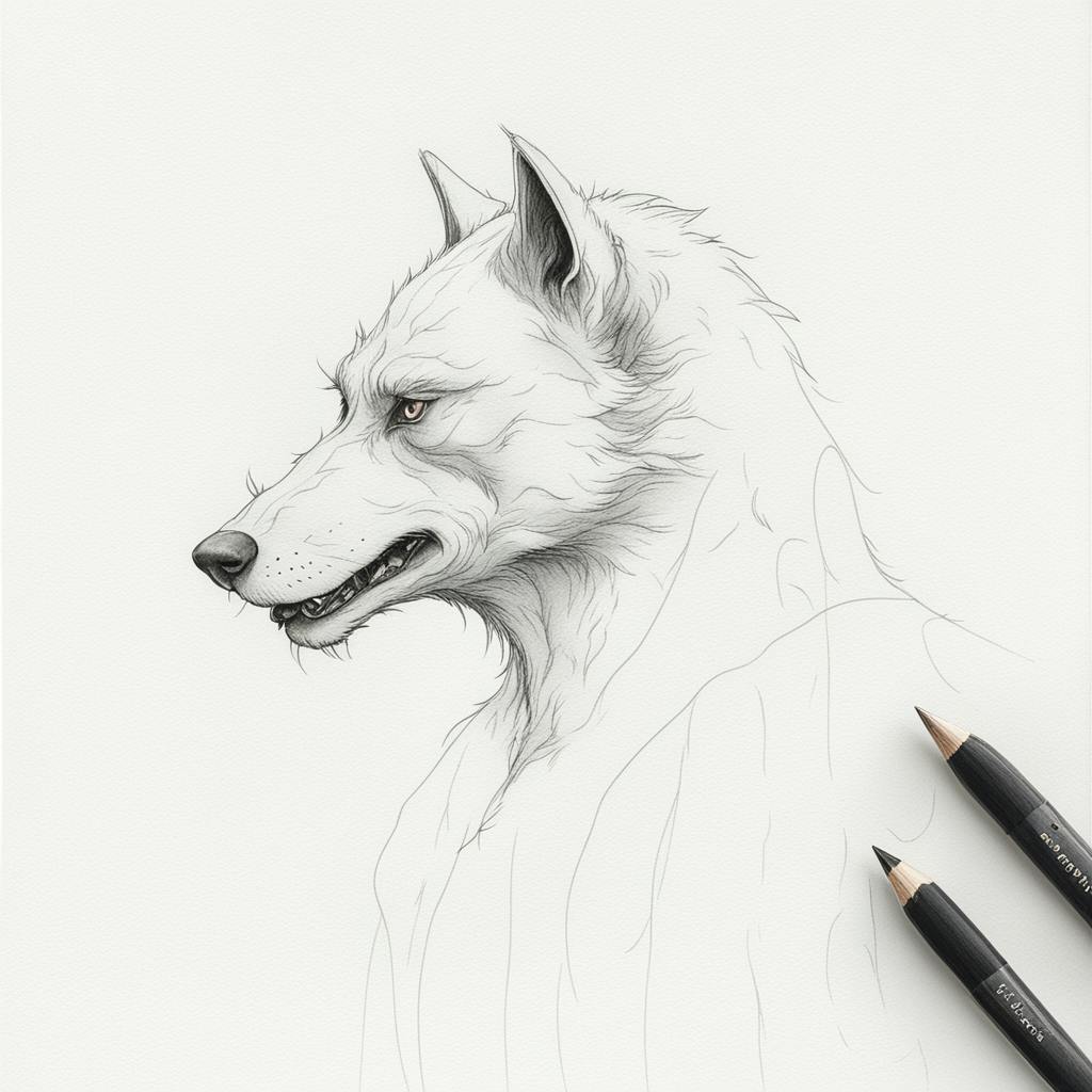 A detailed pencil drawing of a snarling werewolf, showcasing sharp teeth and fierce expressions. The sketch is done on a spiral-bound notebook, highlighting the intricate fur and muscular build. The background is kept simple to focus on the werewolf. This image is perfect for illustrating "pencil werewolf drawing."