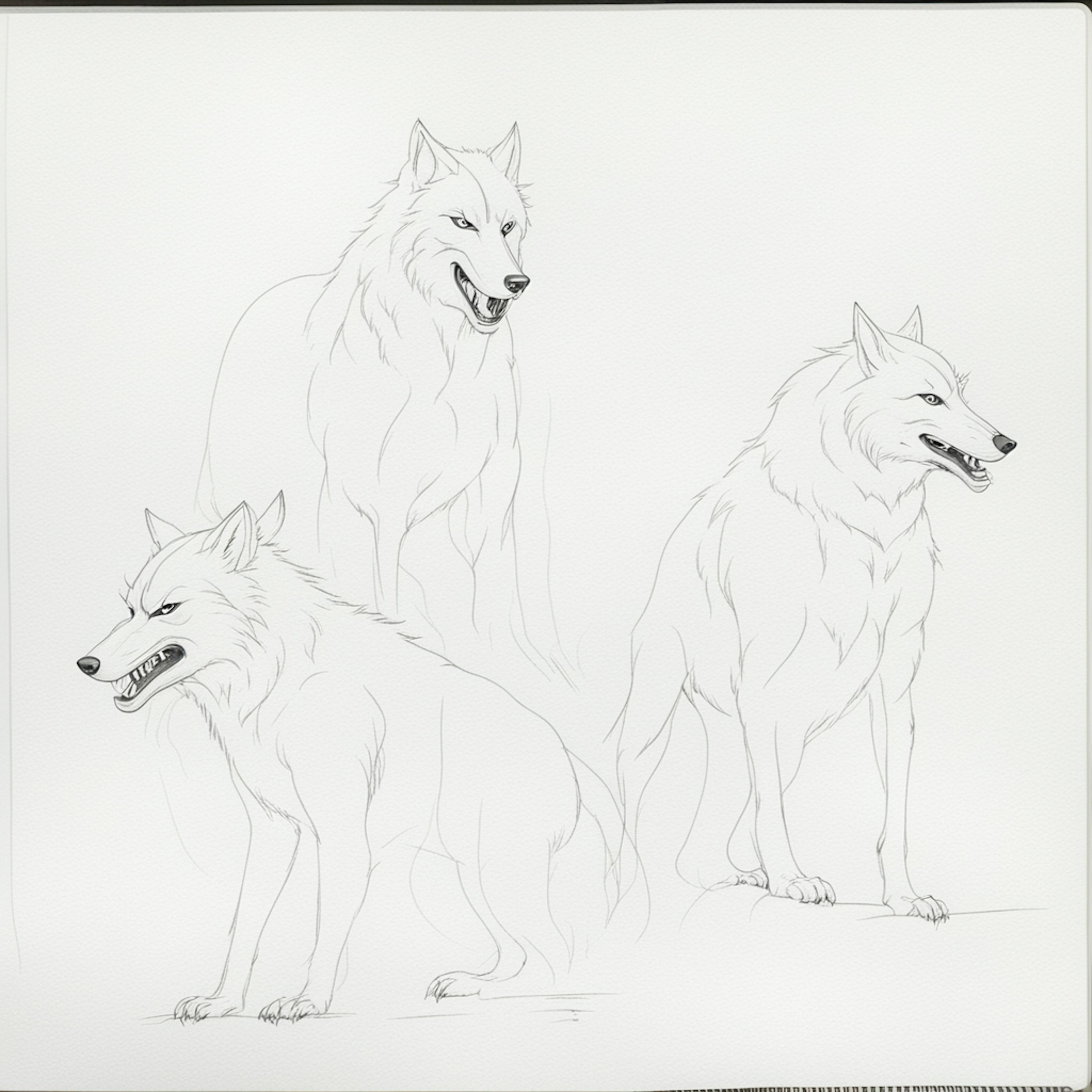 A detailed pencil drawing of three snarling werewolves, each showcasing sharp teeth and fierce expressions. The background is kept simple to focus on the werewolves. This image is perfect for illustrating "pencil werewolf drawing."