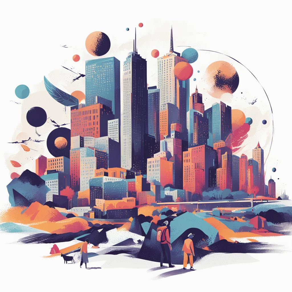 Vibrant cityscape illustration created through white label graphic design, highlighting modern and customizable visual solutions for brands.