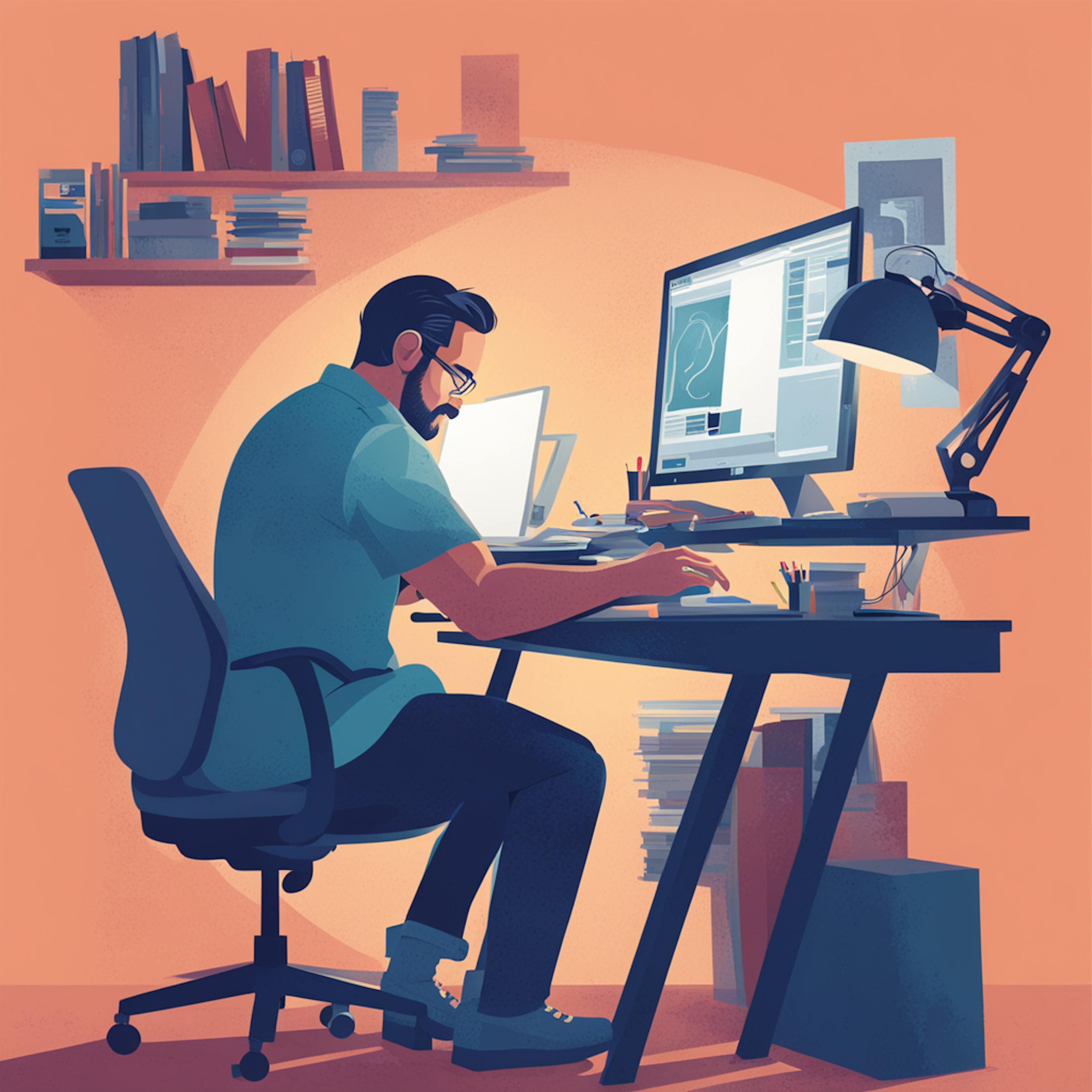 Illustration of a designer working on a website banner idea at a desk with multiple screens, surrounded by books and tools.