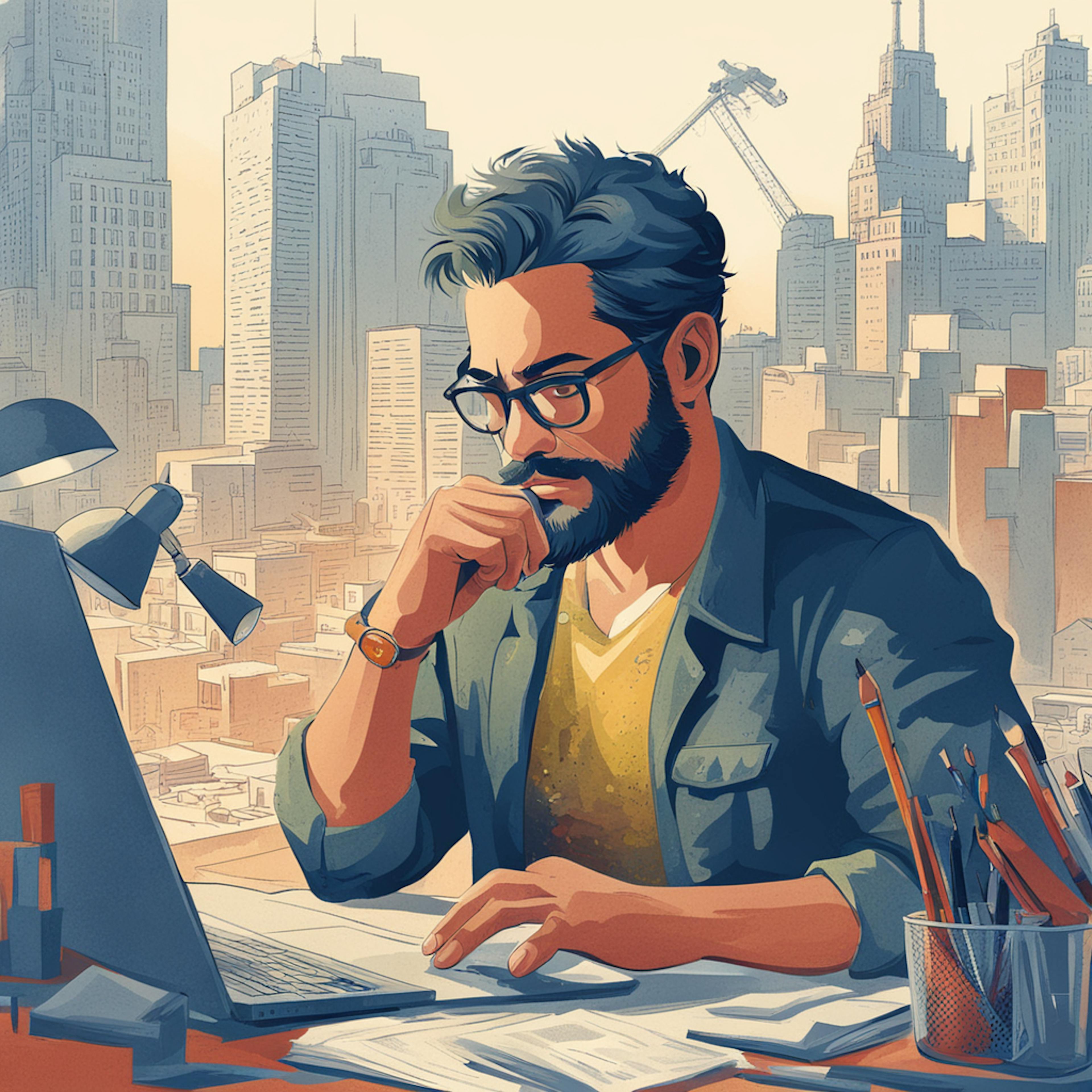 Illustration of a man working on a laptop in front of a cityscape, with design tools on the desk, highlighting website branding ideas