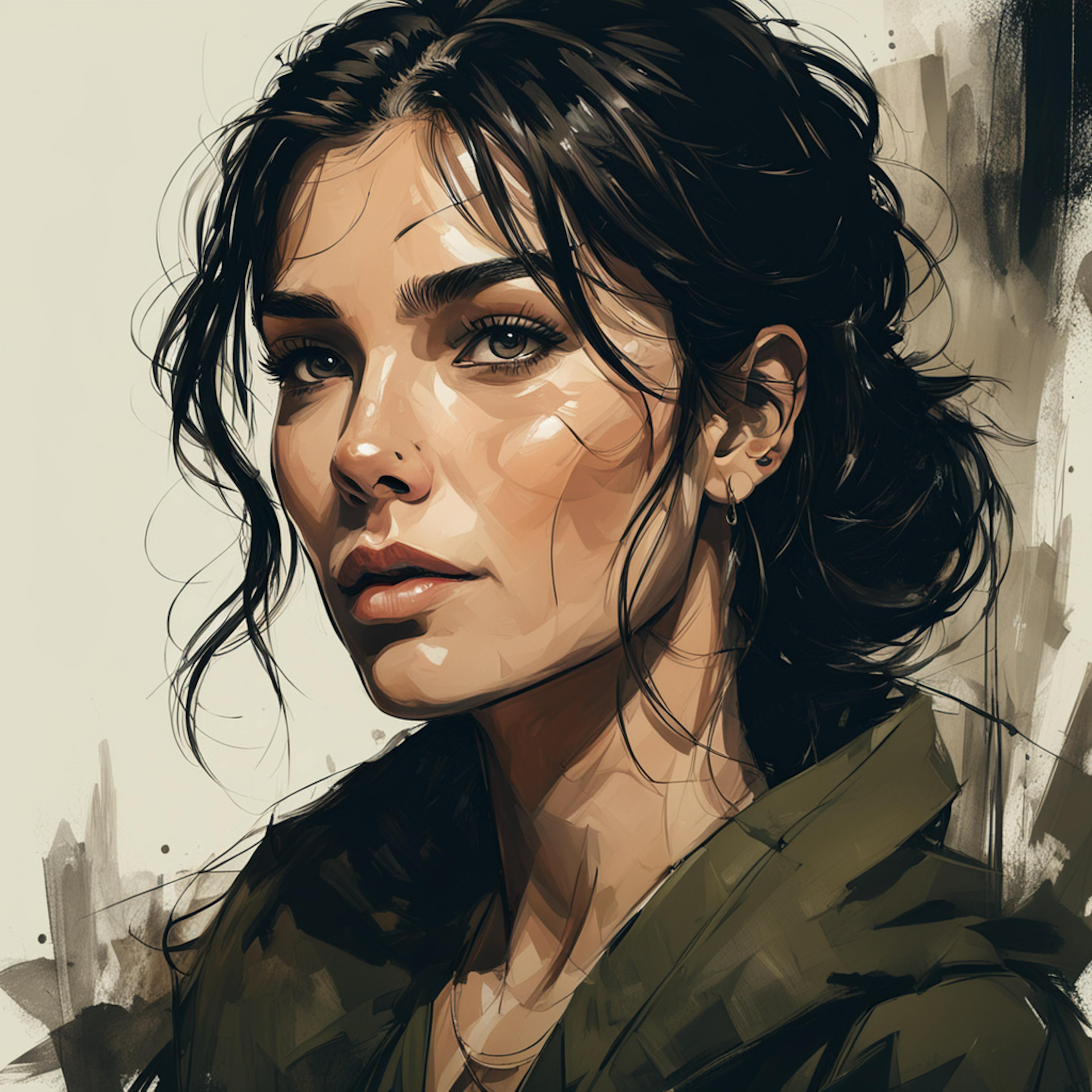 Portrait illustration of a woman with dark hair and expressive eyes, representing a website design consultant