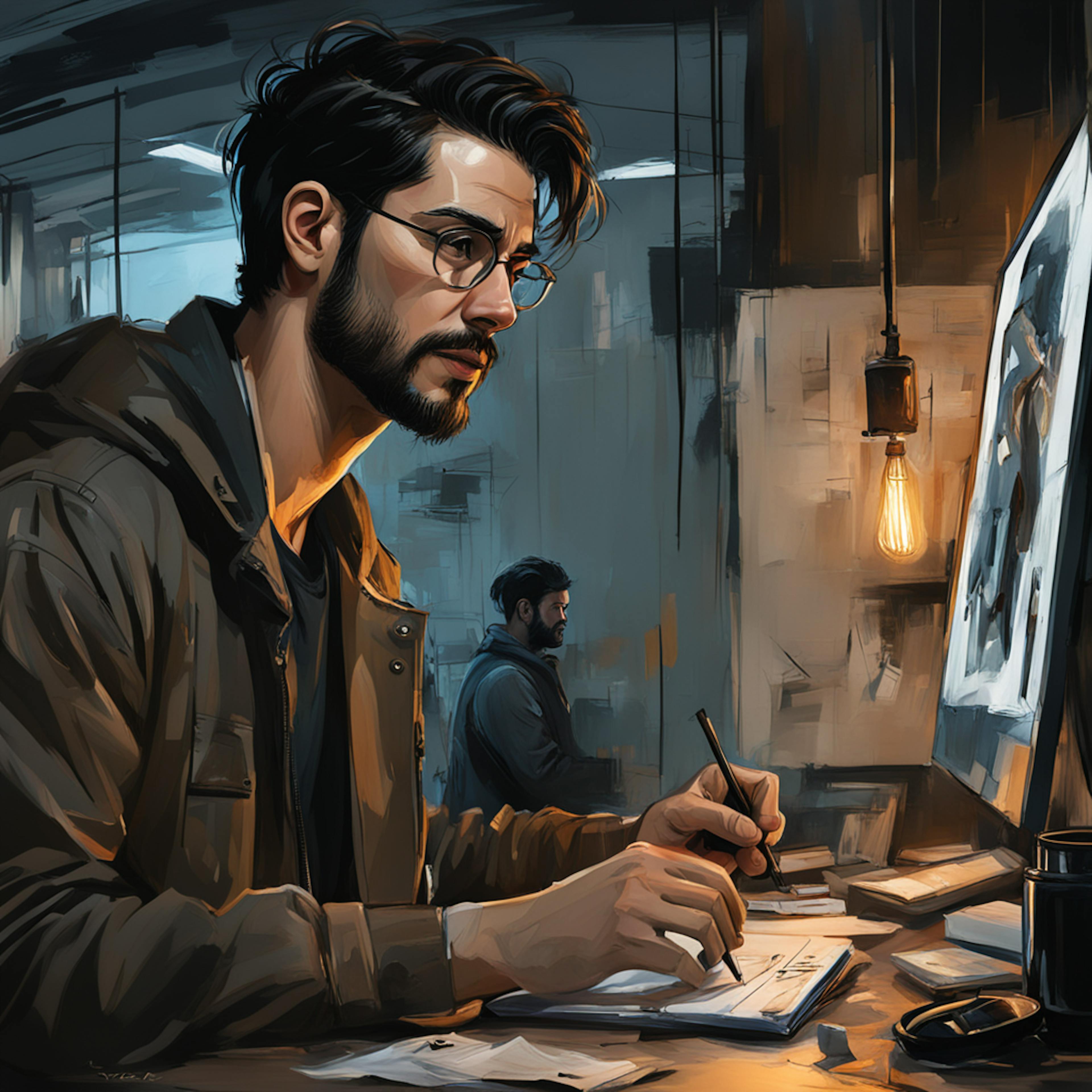 Illustration of a man intensely working on a design project in a studio, showcasing the role of a website design consultant