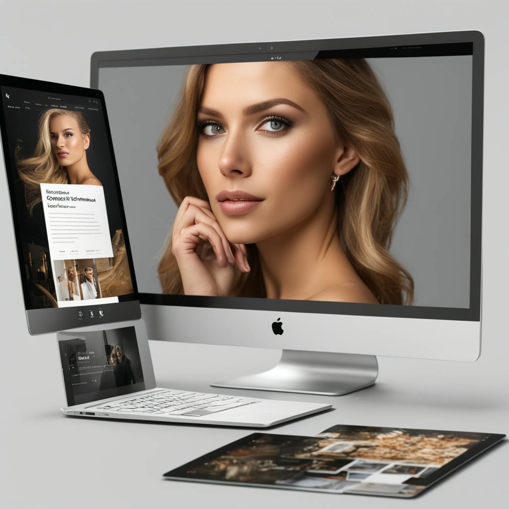 Display of a fashion website featuring a model on a desktop and tablet, showcasing website redesign services