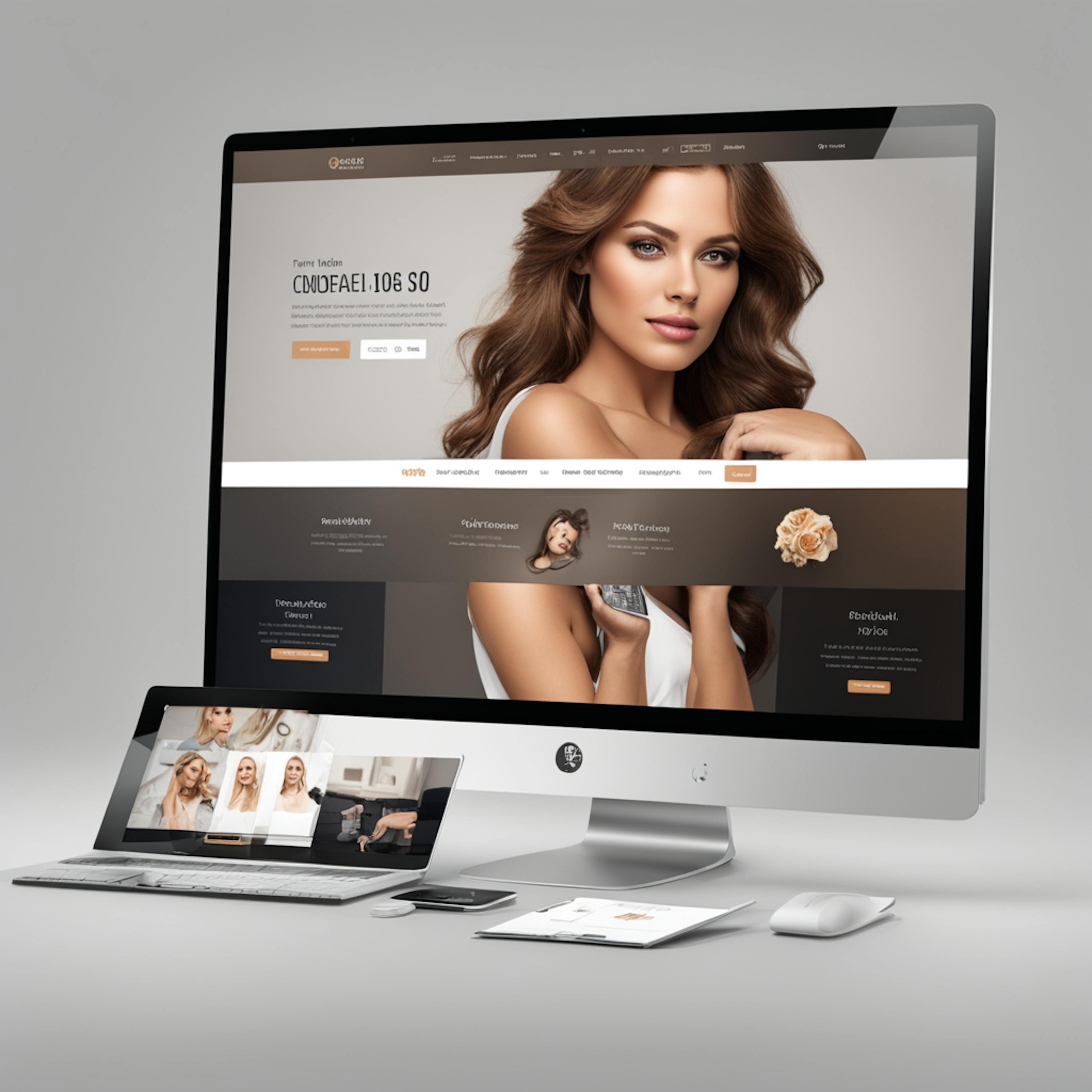 Display of a beauty website featuring a model on multiple devices, including a desktop and laptop, highlighting website redesign services.