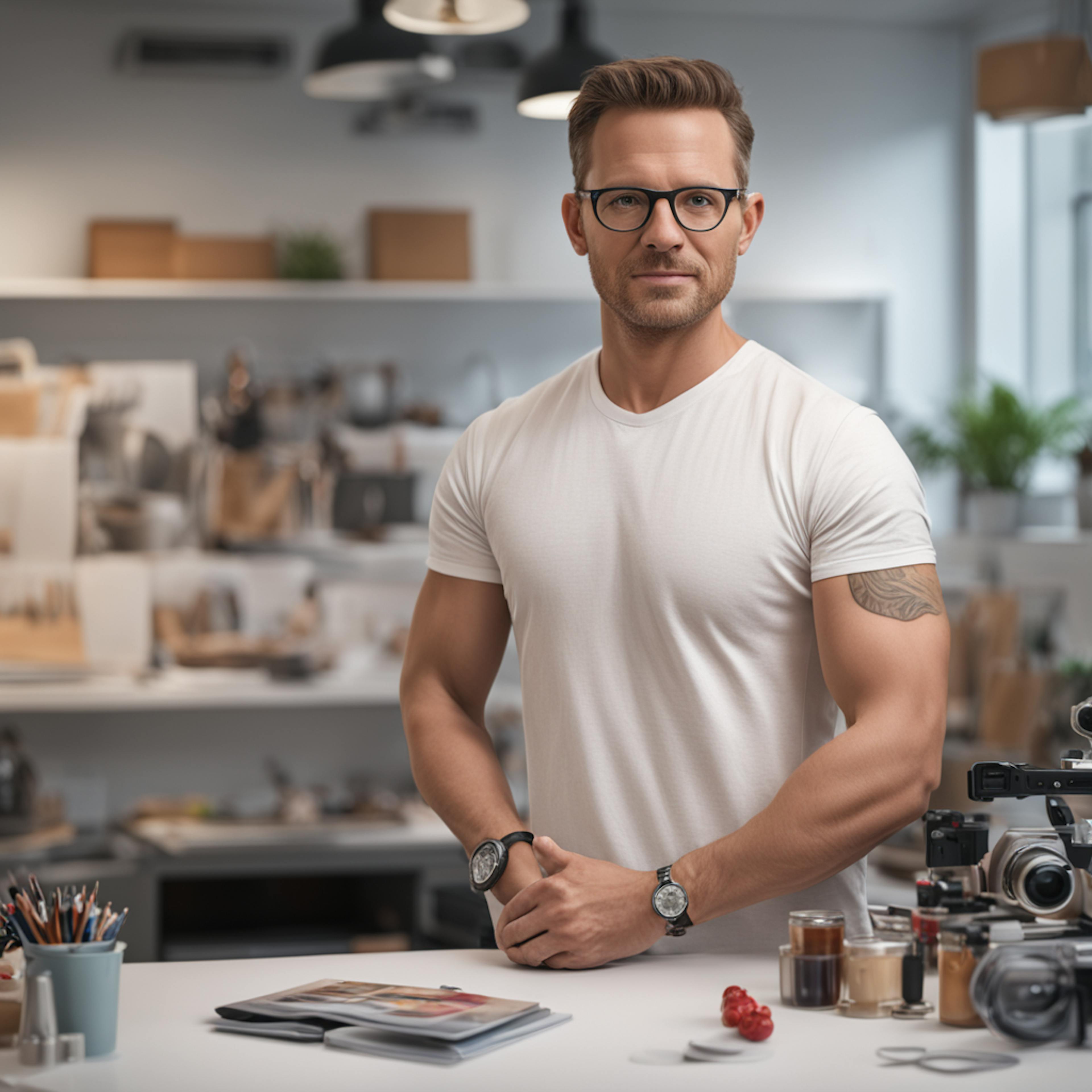 Portrait of a professional designer standing in a modern studio with various design tools and equipment, representing website redesign services.