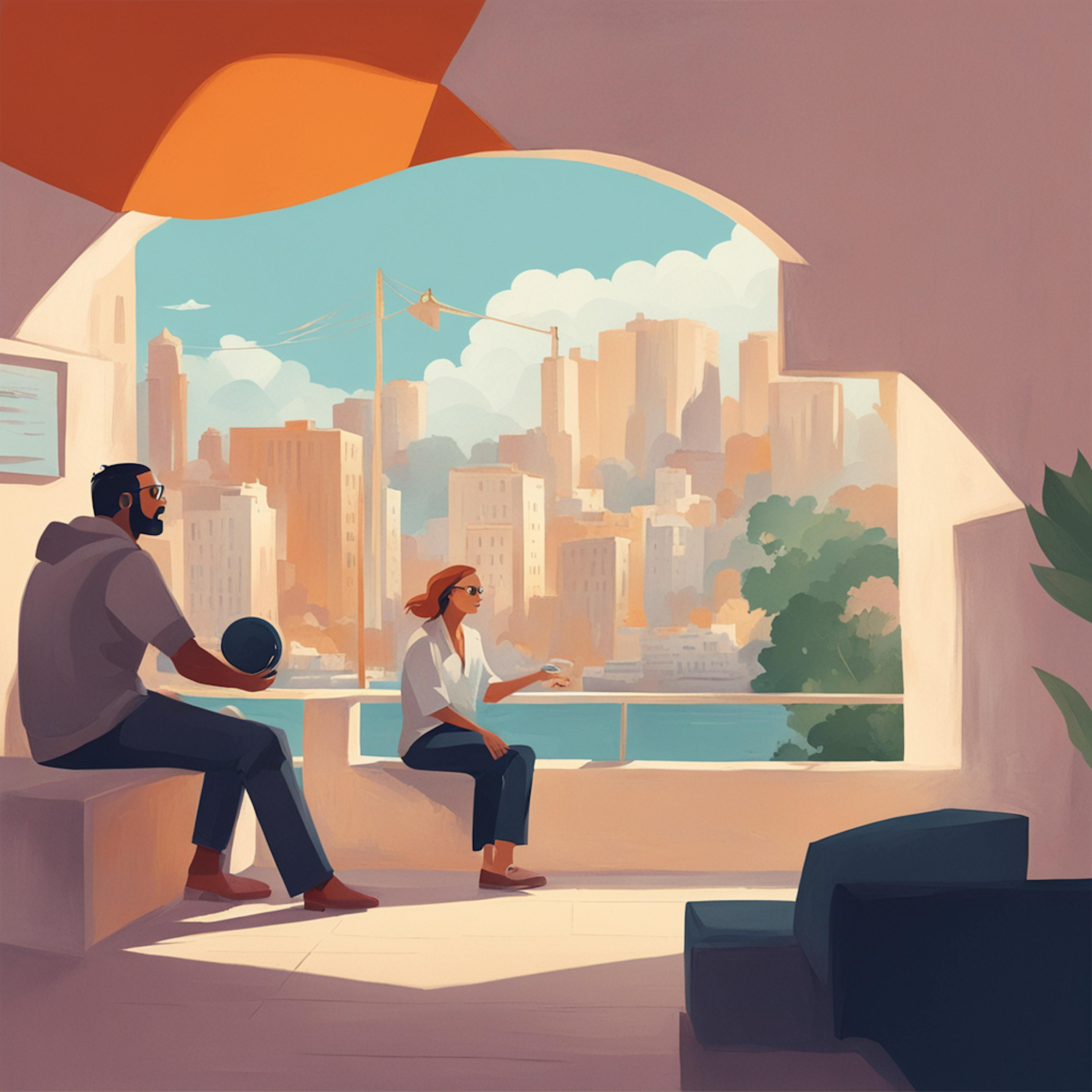 A vibrant illustration of two individuals engaging in a conversation with a cityscape view in the background, representing the dynamic environment of the conversational AI market.