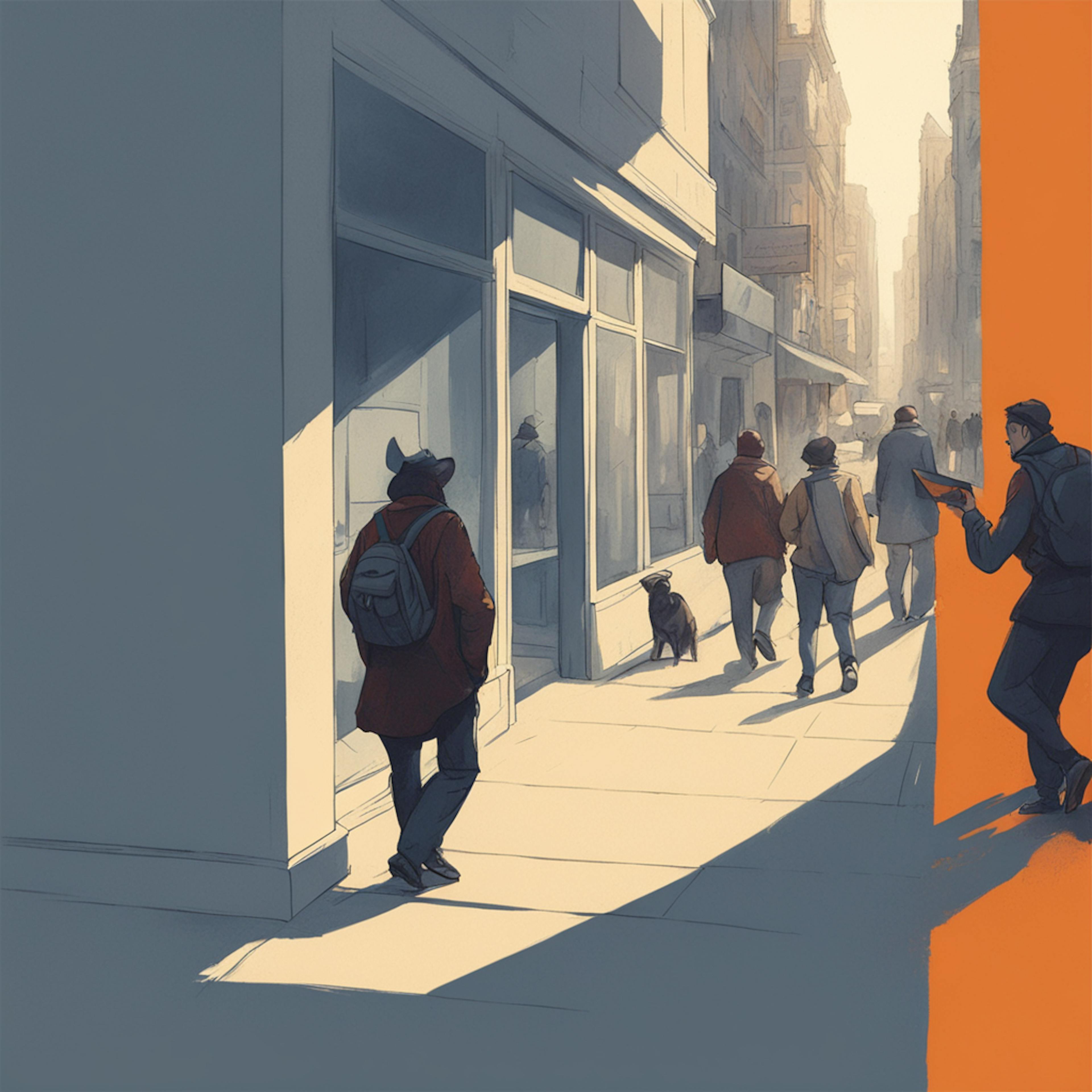 An artistic depiction of a city street with people walking and interacting, symbolizing the diverse applications of conversational AI in everyday scenarios.