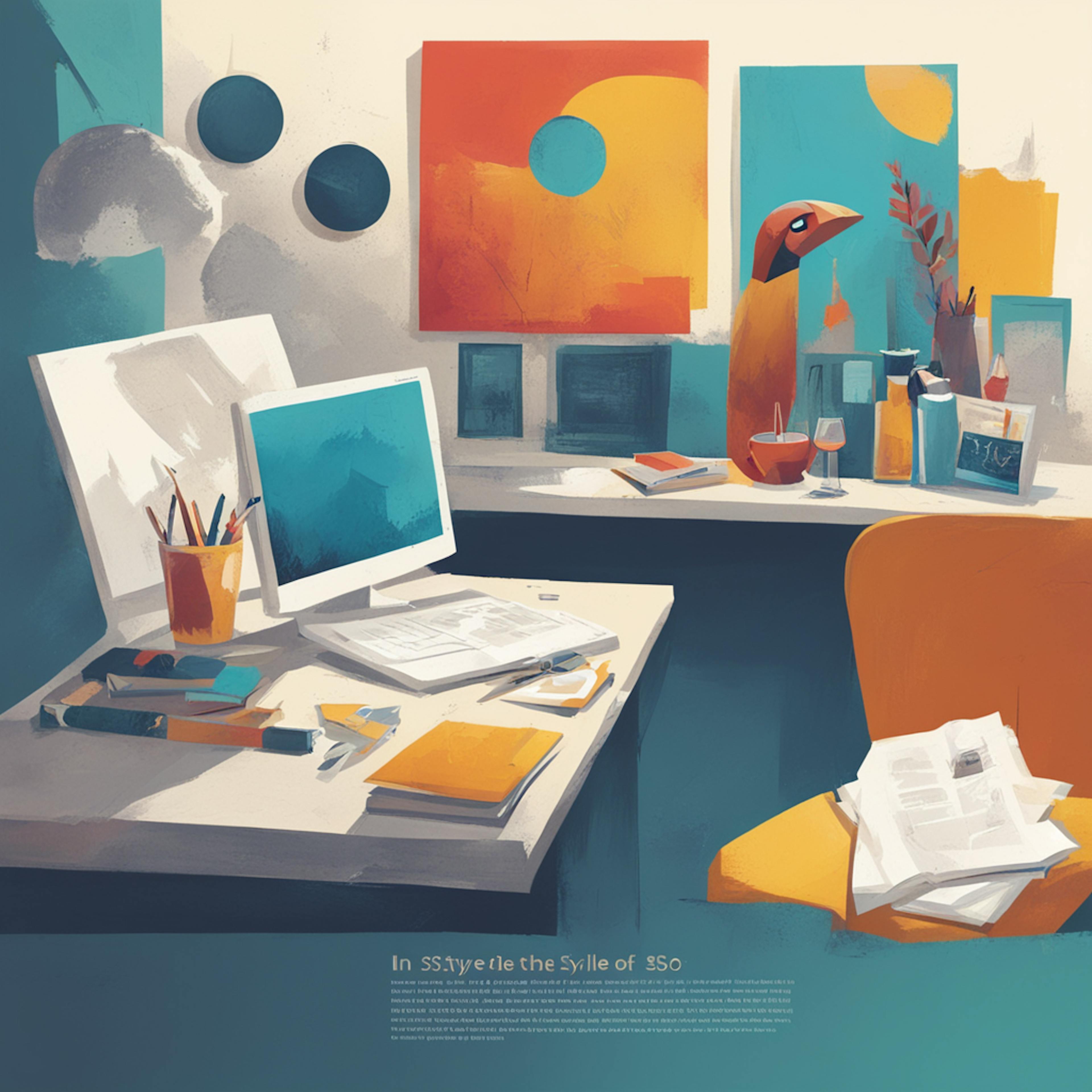 A colorful and artistic workspace featuring a computer, books, and various stationery items. The vibrant environment is perfect for creative tasks, symbolizing the innovative approach of a copywriter AI in generating engaging content.