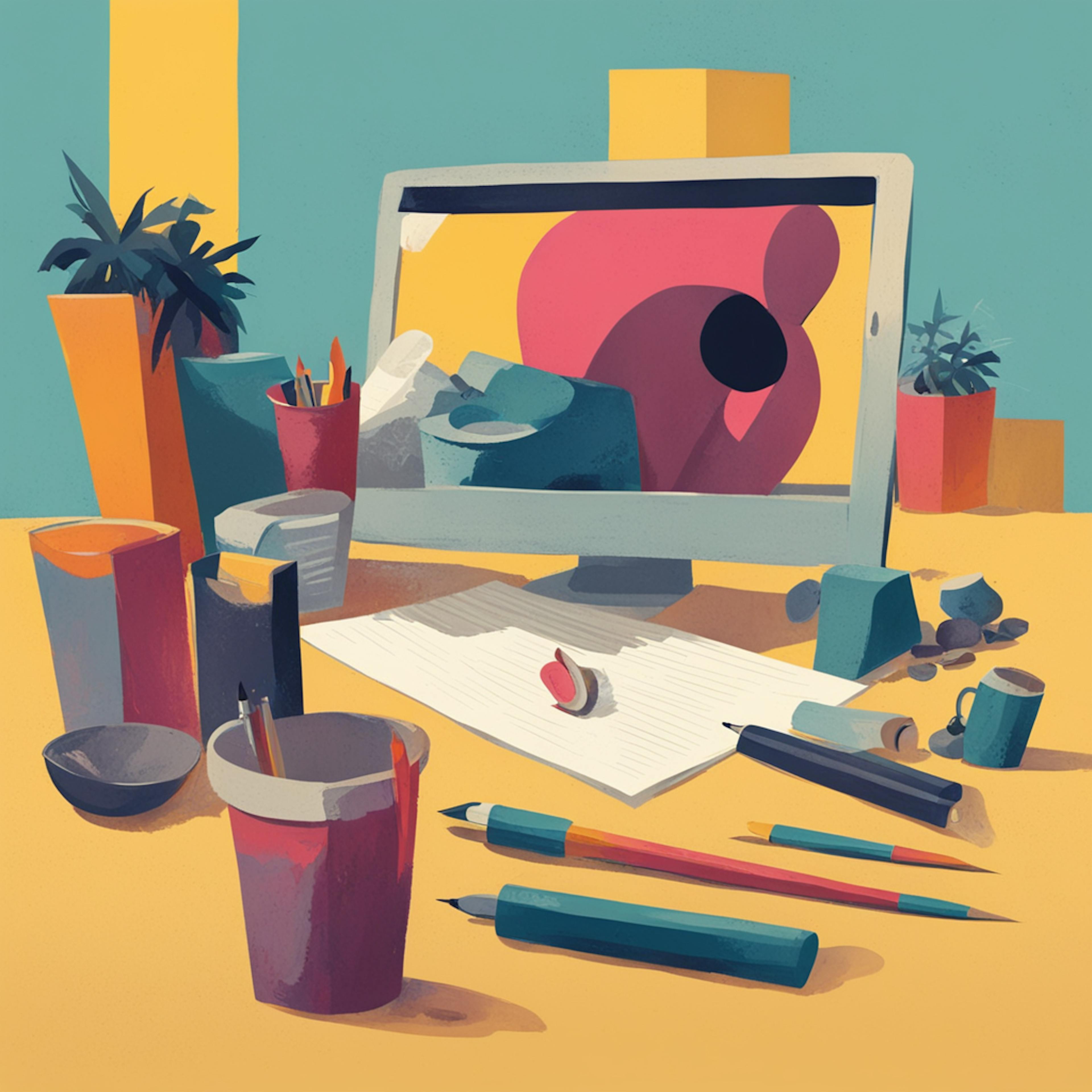 A bright and organized desk with a computer screen displaying abstract art, surrounded by pens, cups, and plants. This dynamic setting highlights the versatility and creativity of a copywriter AI, making it an ideal tool for crafting compelling copy.