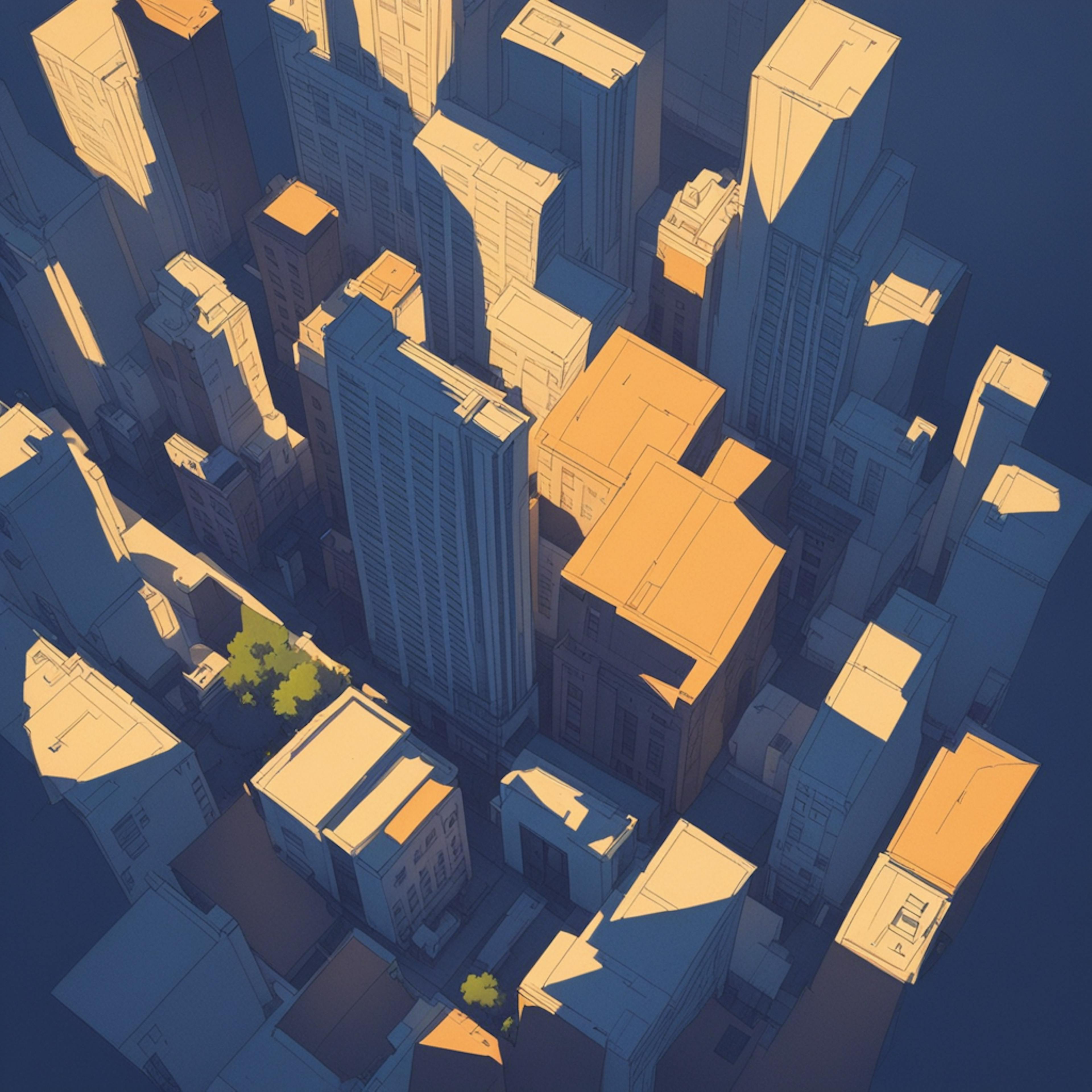 An aerial view of a cityscape with tall buildings and patches of green, illustrating the broad perspective and strategic thinking capabilities of a copywriter AI. This image represents how AI can navigate through complex information to produce high-quality, impactful writing.