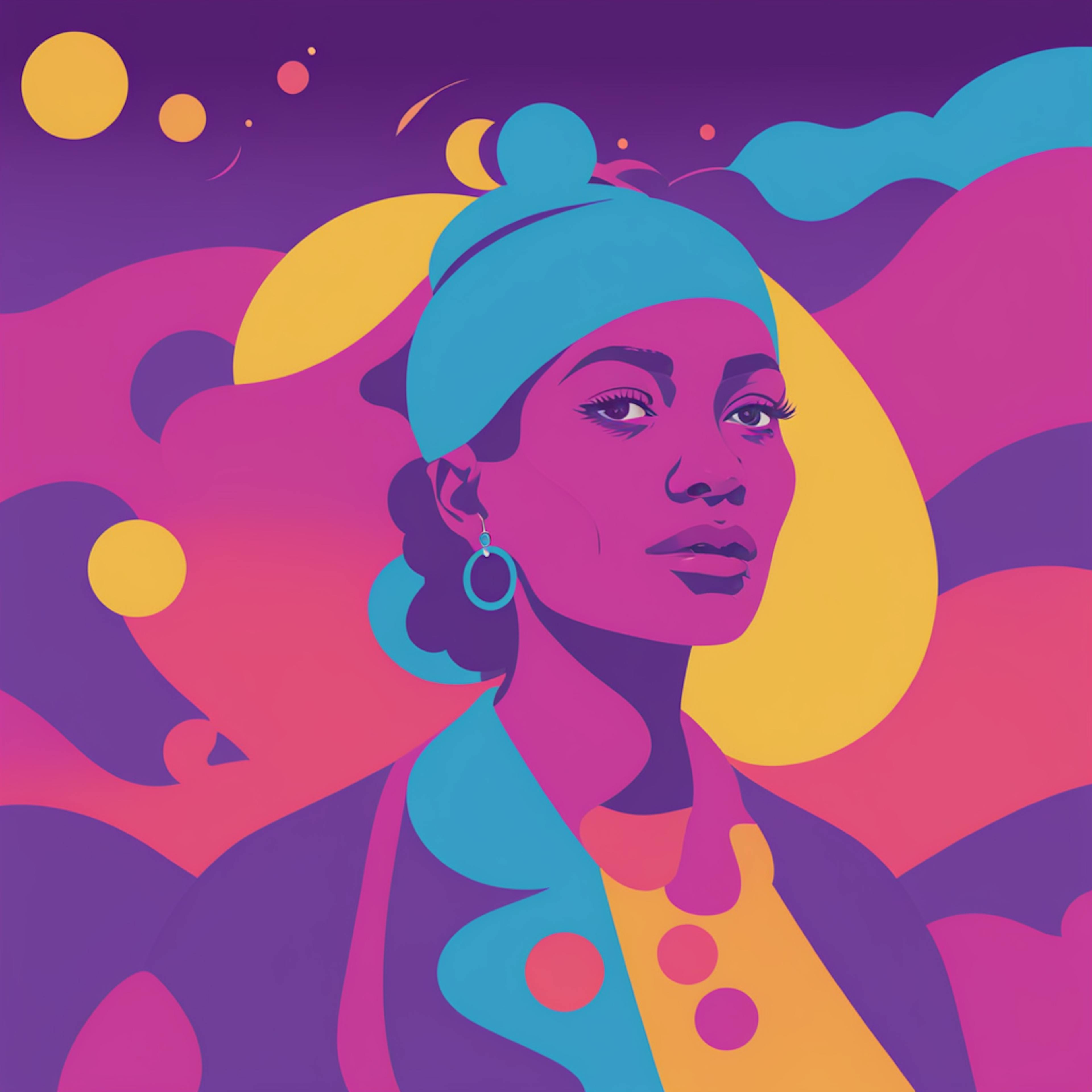 A vibrant illustration of a woman with colorful abstract shapes in the background, representing creativity and innovation in conversion rate marketing.