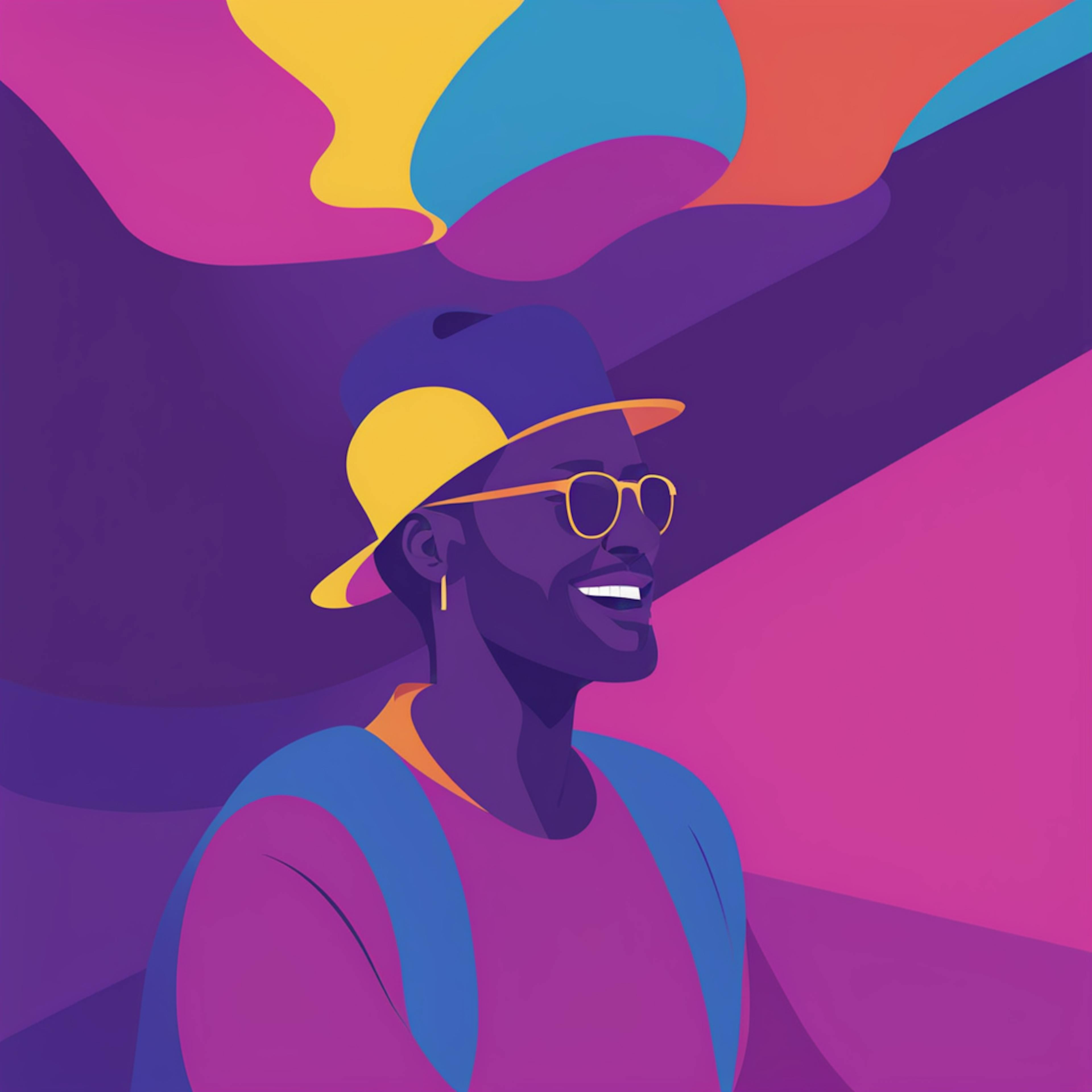 A joyful depiction of a person wearing sunglasses and a hat, surrounded by fluid, colorful forms, embodying the positive outcomes of successful conversion rate marketing.