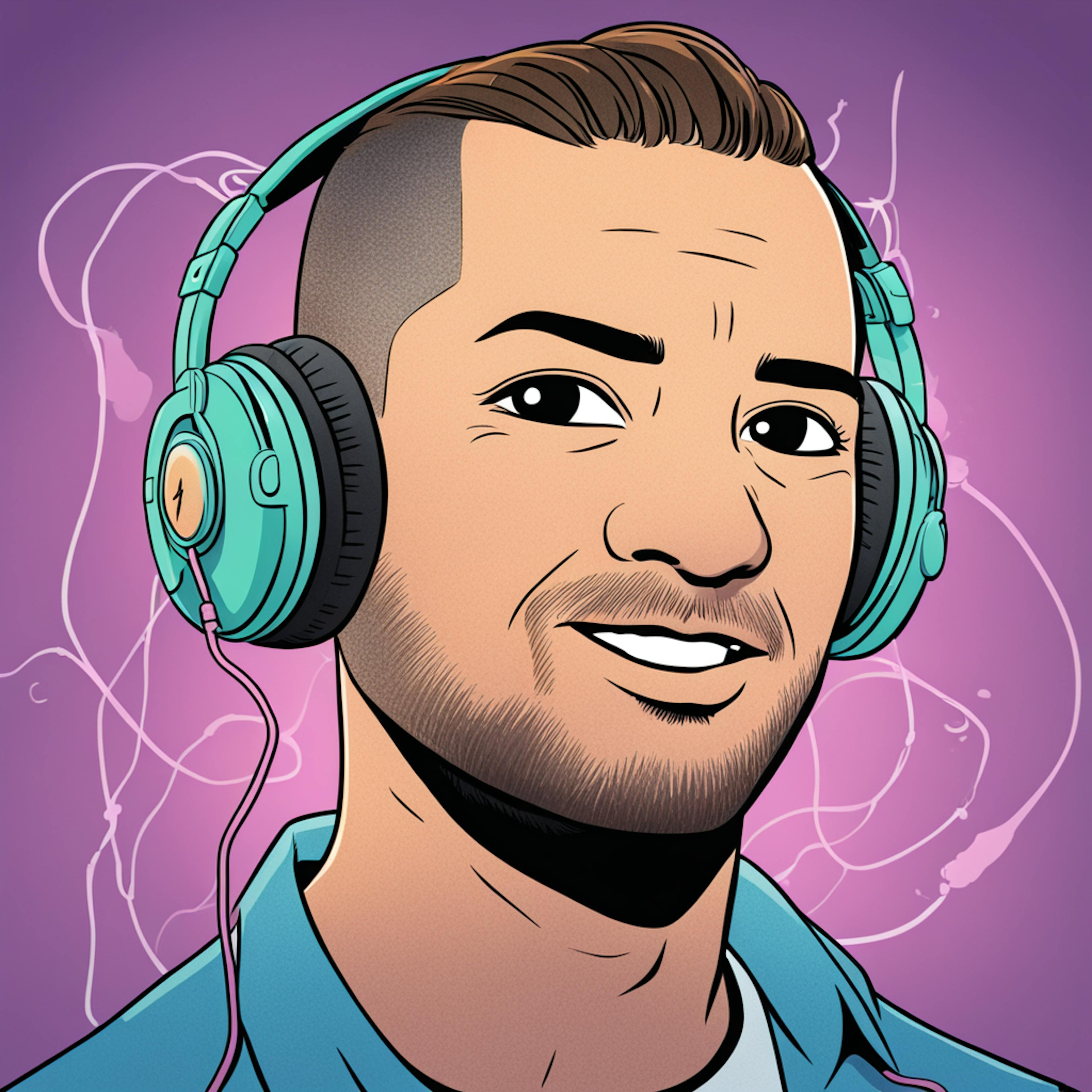 A cheerful illustration of a man with short hair and teal headphones, set against a purple background with swirling patterns. His smile reflects the enjoyable and satisfying audio experience provided by the campfire audio market products.