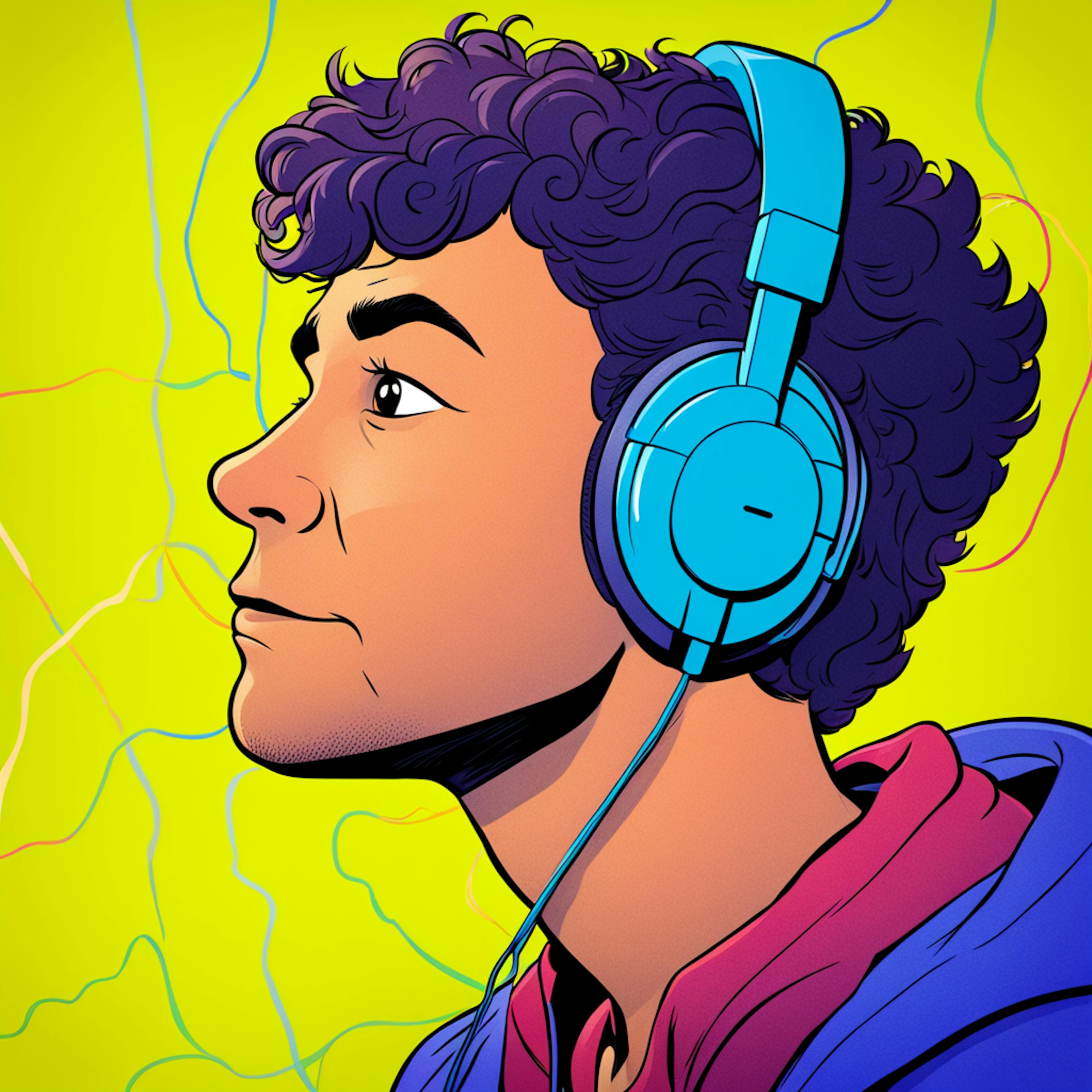 A focused illustration of a young man with curly hair and blue headphones, set against a bright yellow background with abstract lines. His serious expression highlights the high-quality and immersive nature of audio products in the campfire audio market.