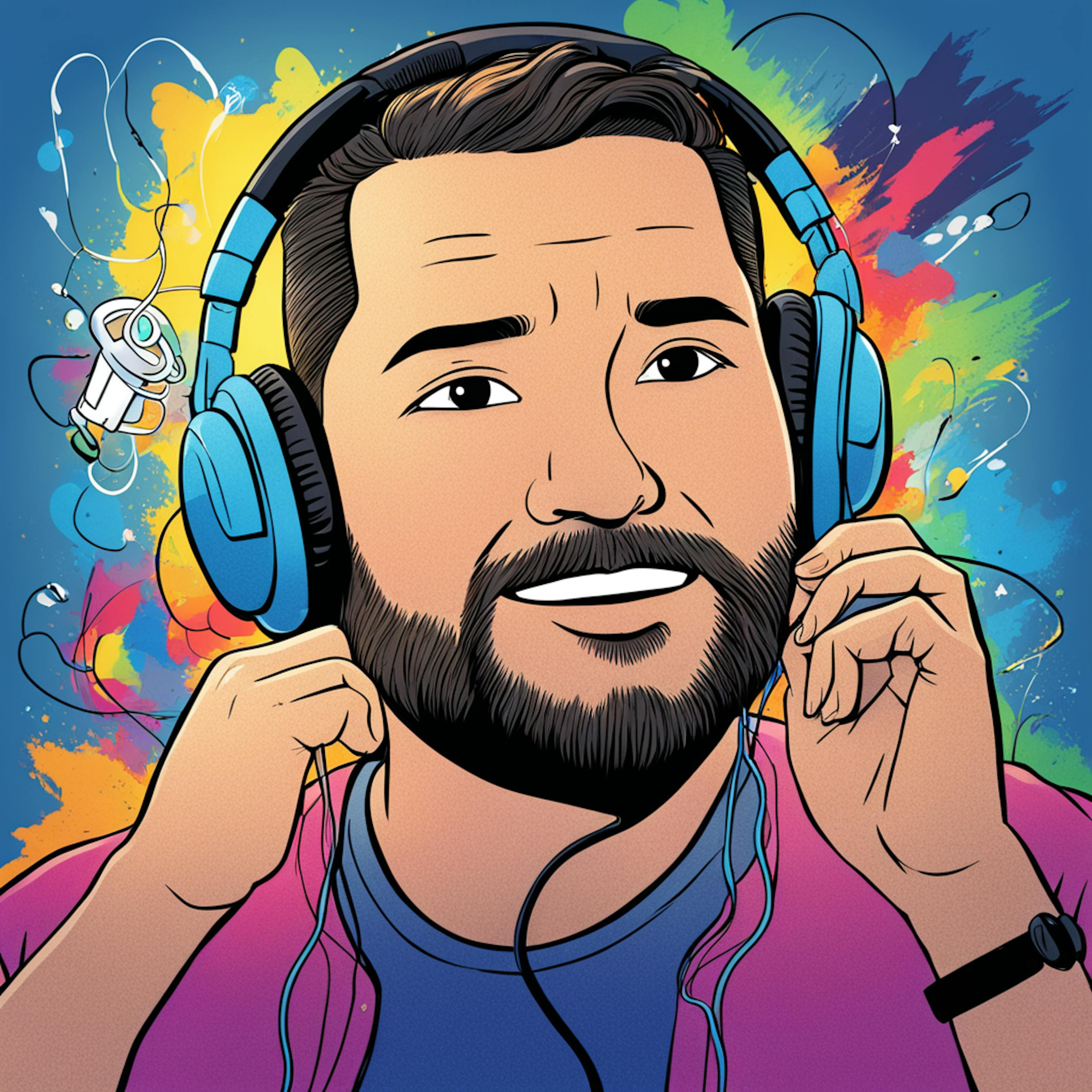 A vibrant illustration of a man with a beard wearing blue headphones, set against a colorful splash background. He appears happy and immersed in his audio experience, representing the dynamic and engaging products of the campfire audio market.