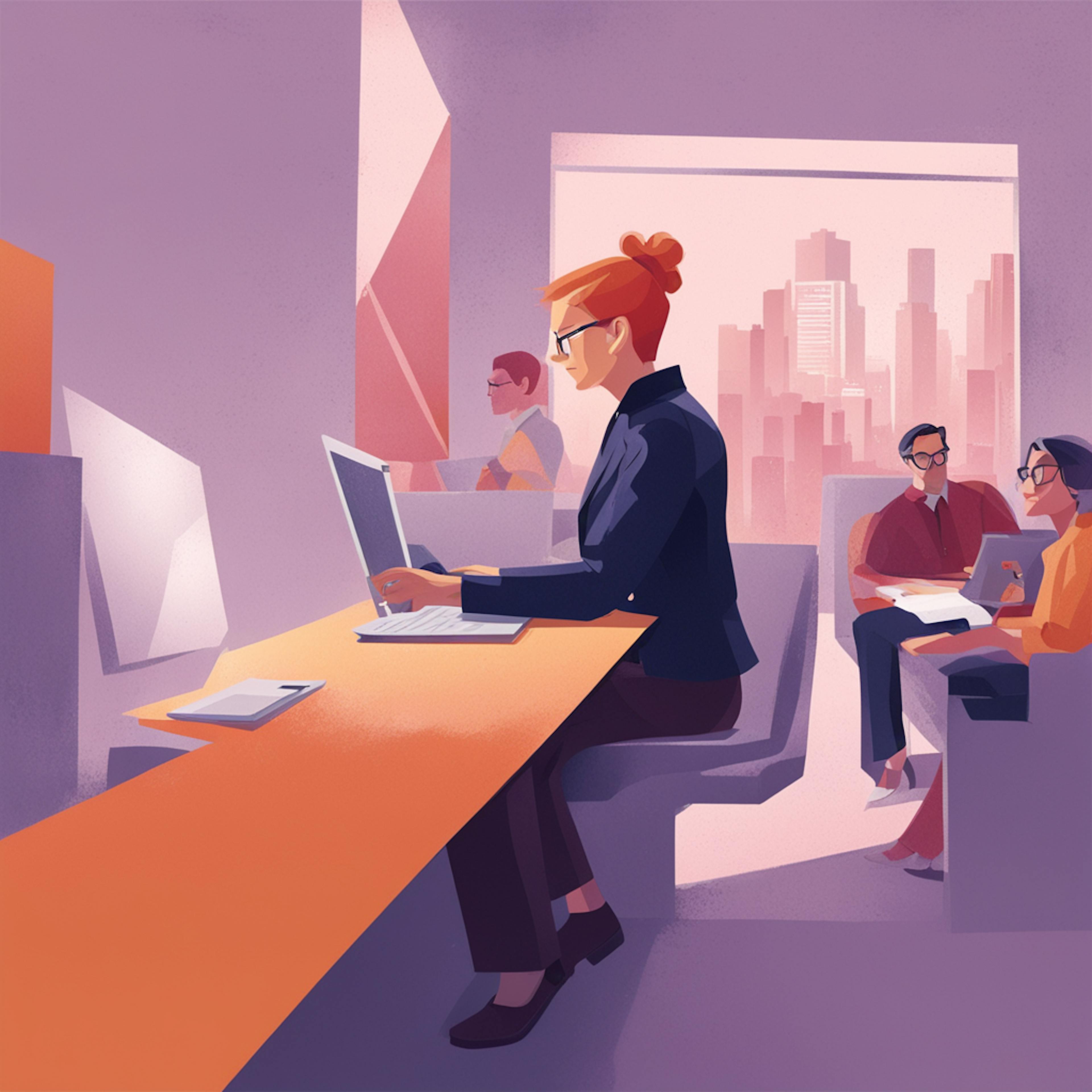 An illustration of a professional woman working at her desk in a modern office setting, with a cityscape visible through the window. She is focused on her computer, symbolizing the dedication and expertise of a digital marketing agency for small businesses.