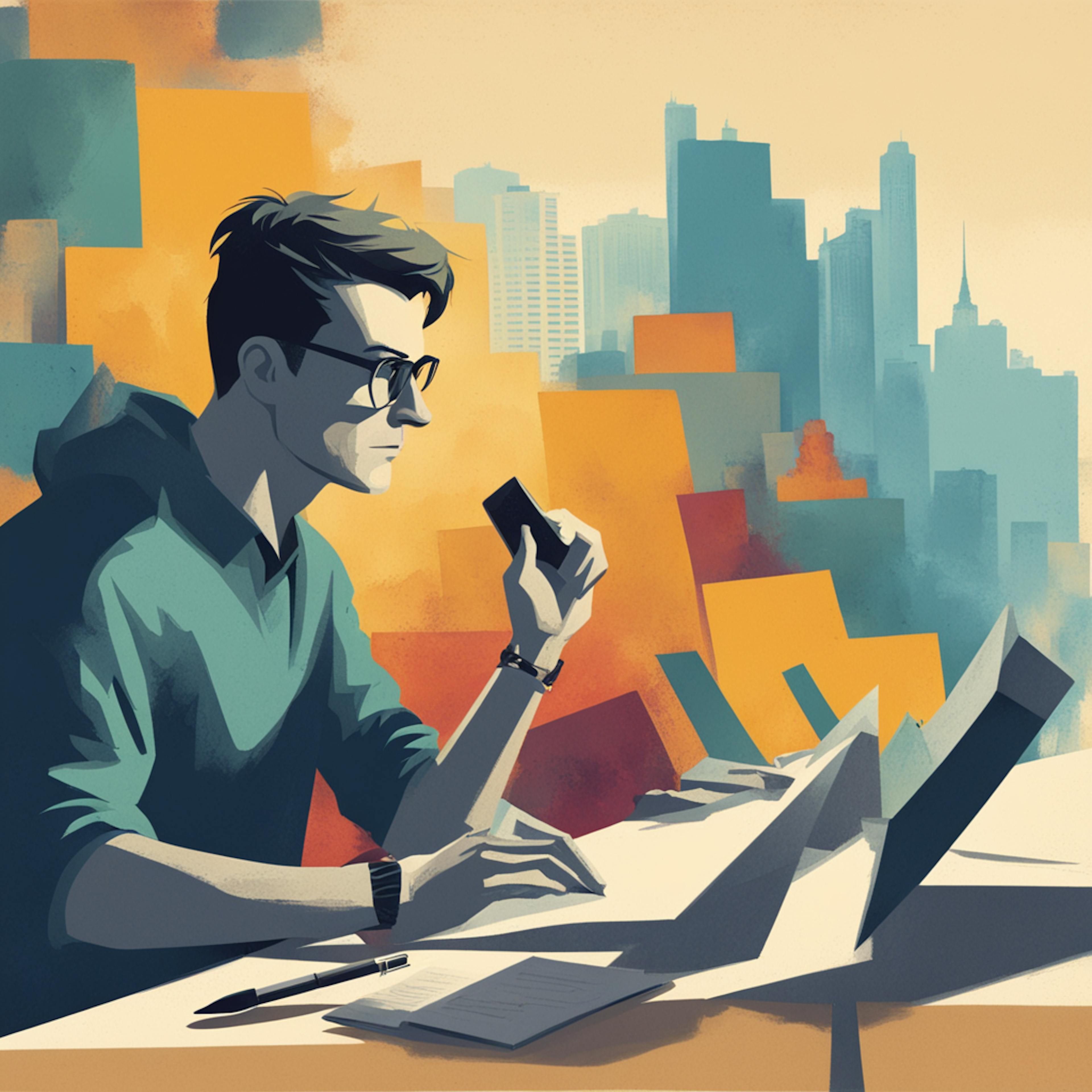 An illustration of a young professional in a contemporary office with a bustling cityscape in the background. He is holding a smartphone and working on a laptop, representing the dynamic and tech-savvy nature of a digital marketing agency for small businesses.