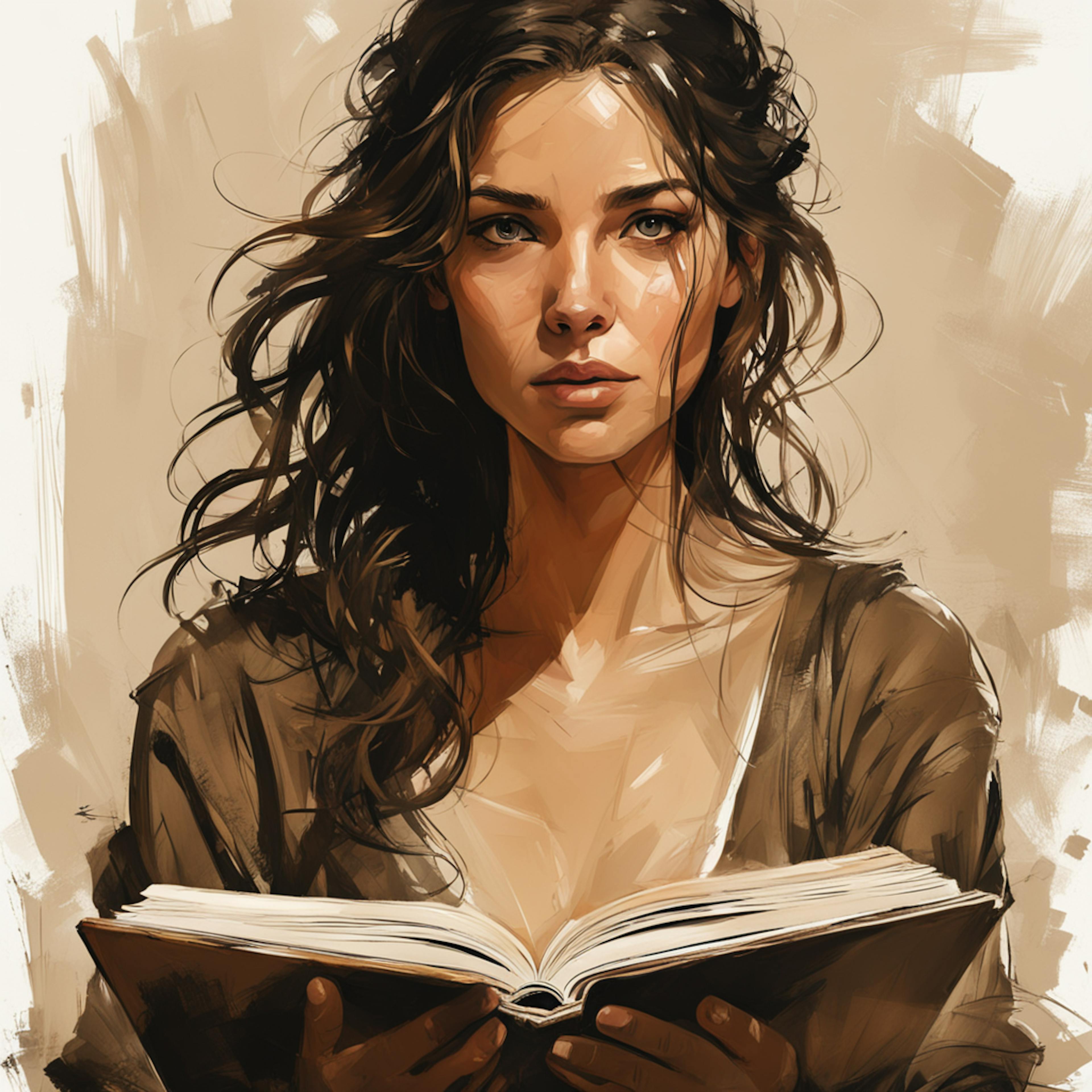 A painting of a thoughtful woman with long, flowing hair, holding an open book, symbolizing the depth and complexity associated with "capital markets authority salaries."