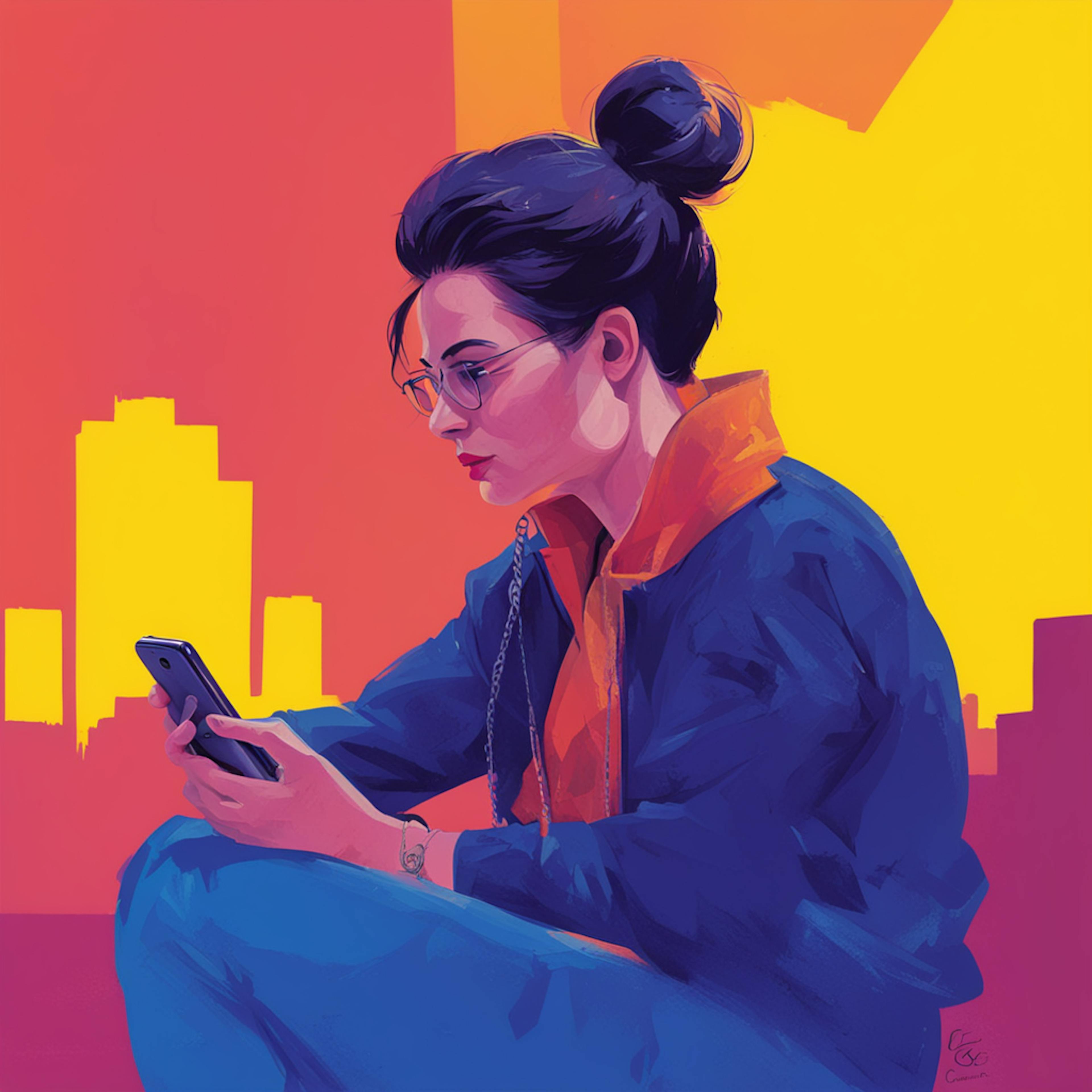 A woman in vibrant urban colors, focusing on her phone, signifying the dynamic environment and potential opportunities within the "capital markets authority."