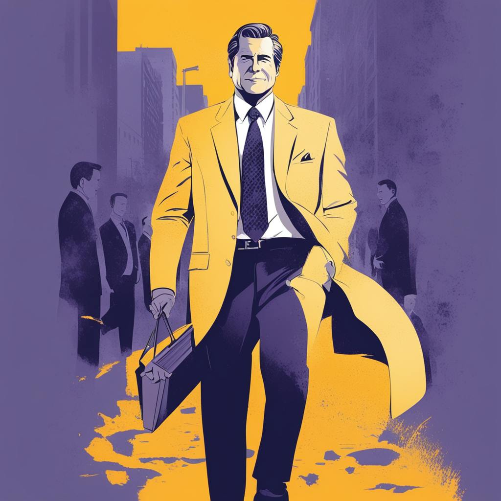 A confident businessman in a yellow coat walking through a bustling city street, exuding authority and expertise, symbolizing the role of a "business marketing coach" guiding professionals toward success.