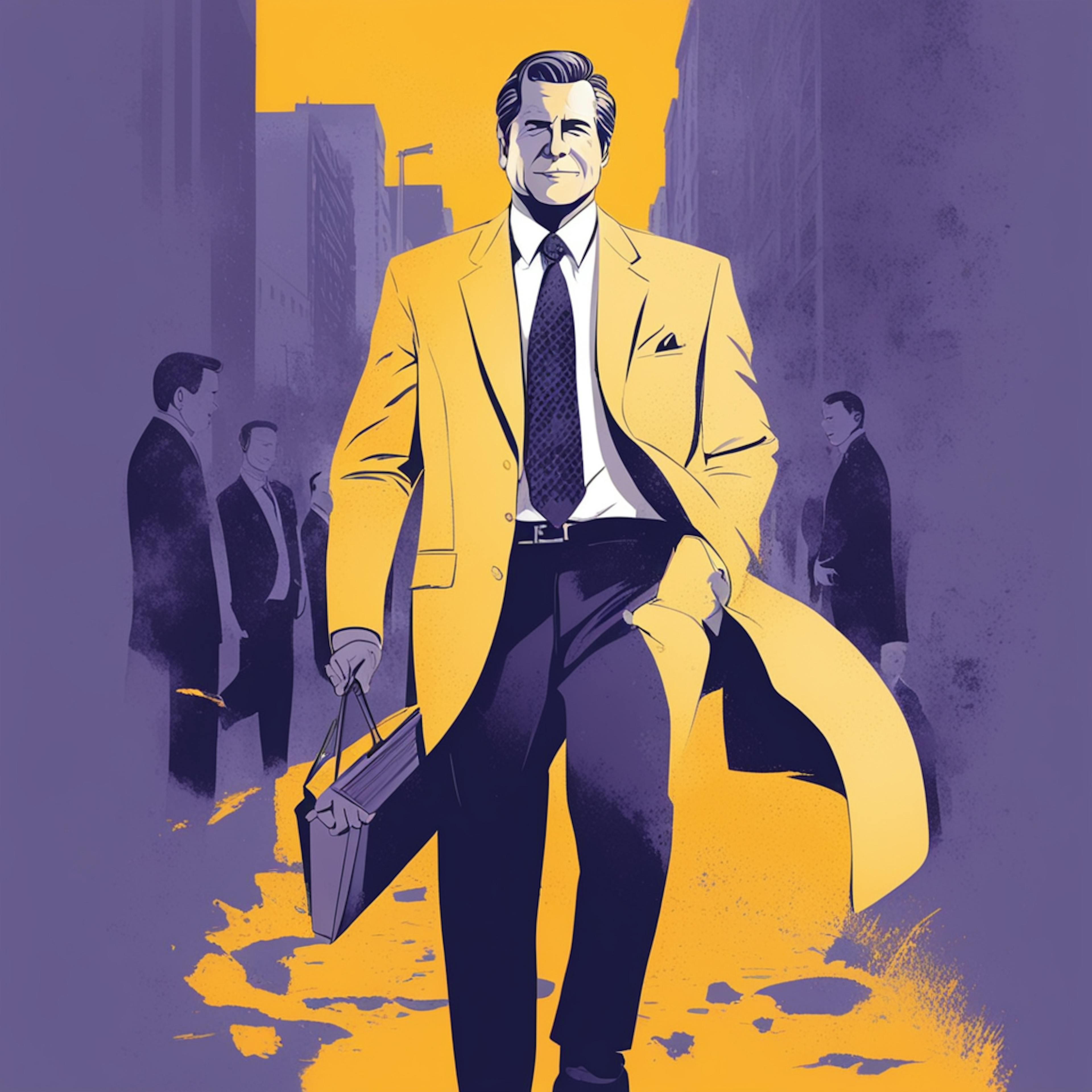 A confident businessman in a yellow coat walking through a bustling city street, exuding authority and expertise, symbolizing the role of a "business marketing coach" guiding professionals toward success.