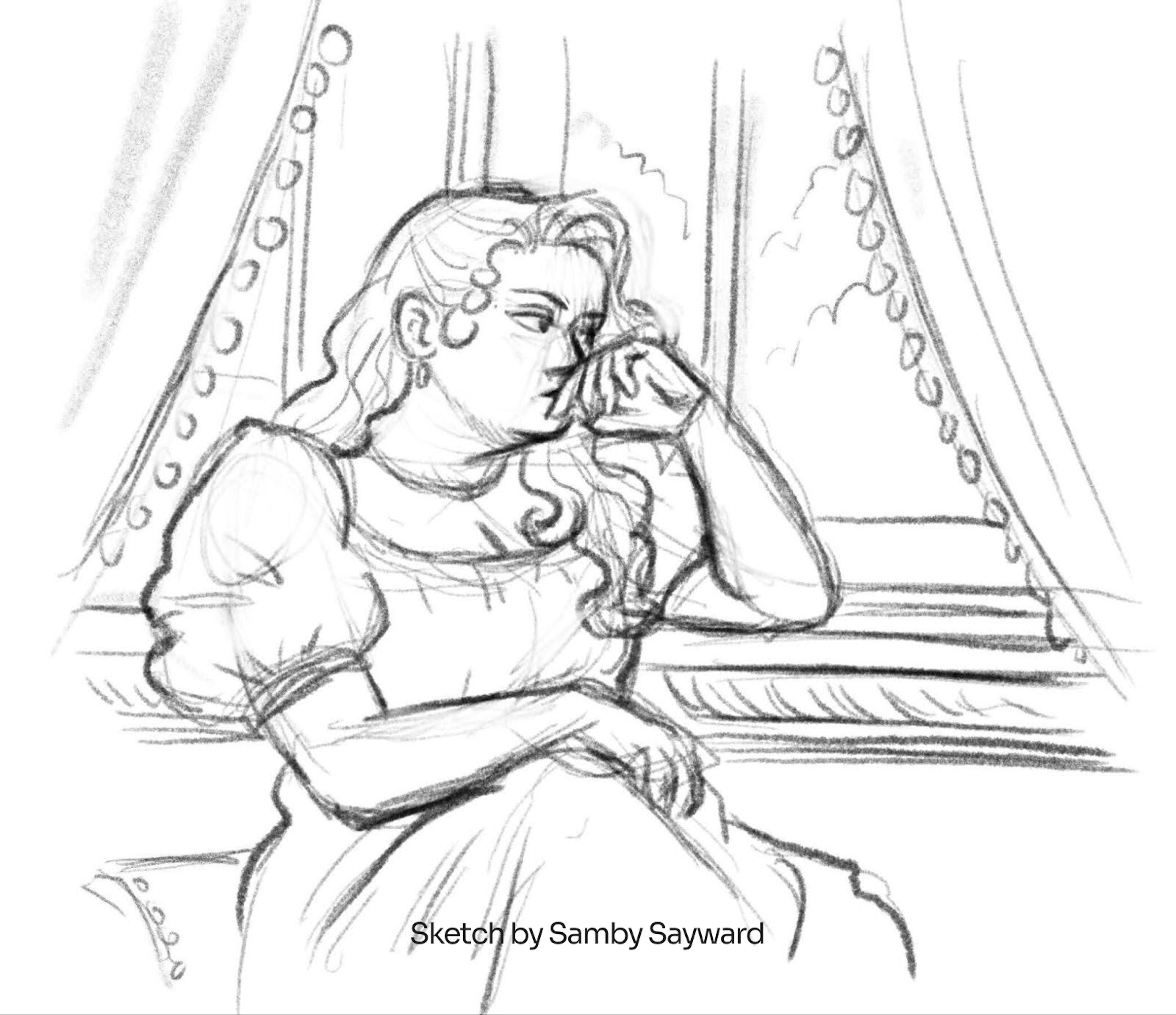 Sketch of a woman looking out a window