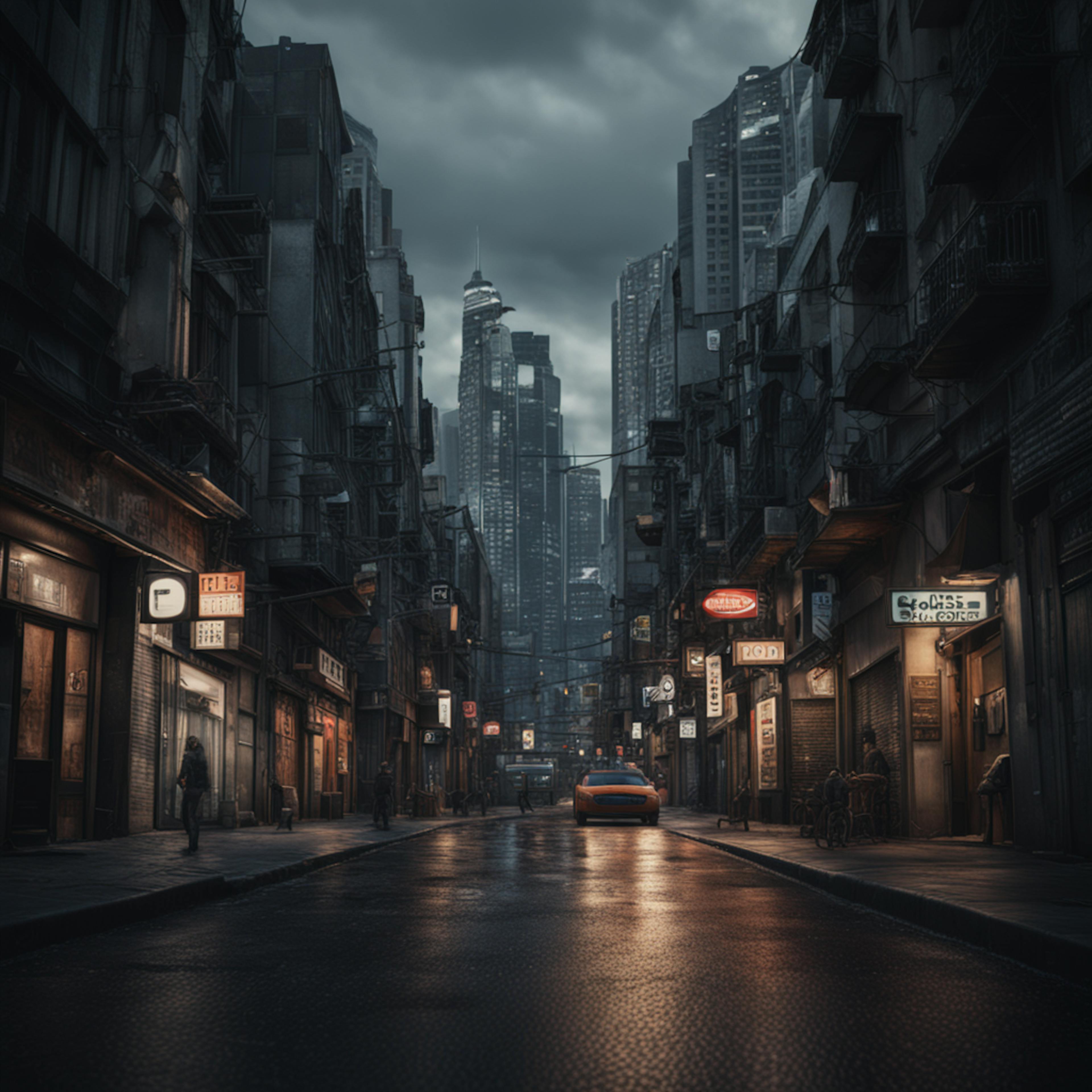 An empty city street on a rainy day, with reflections on the wet pavement and tall buildings looming in the background. Digital marketing for financial services.