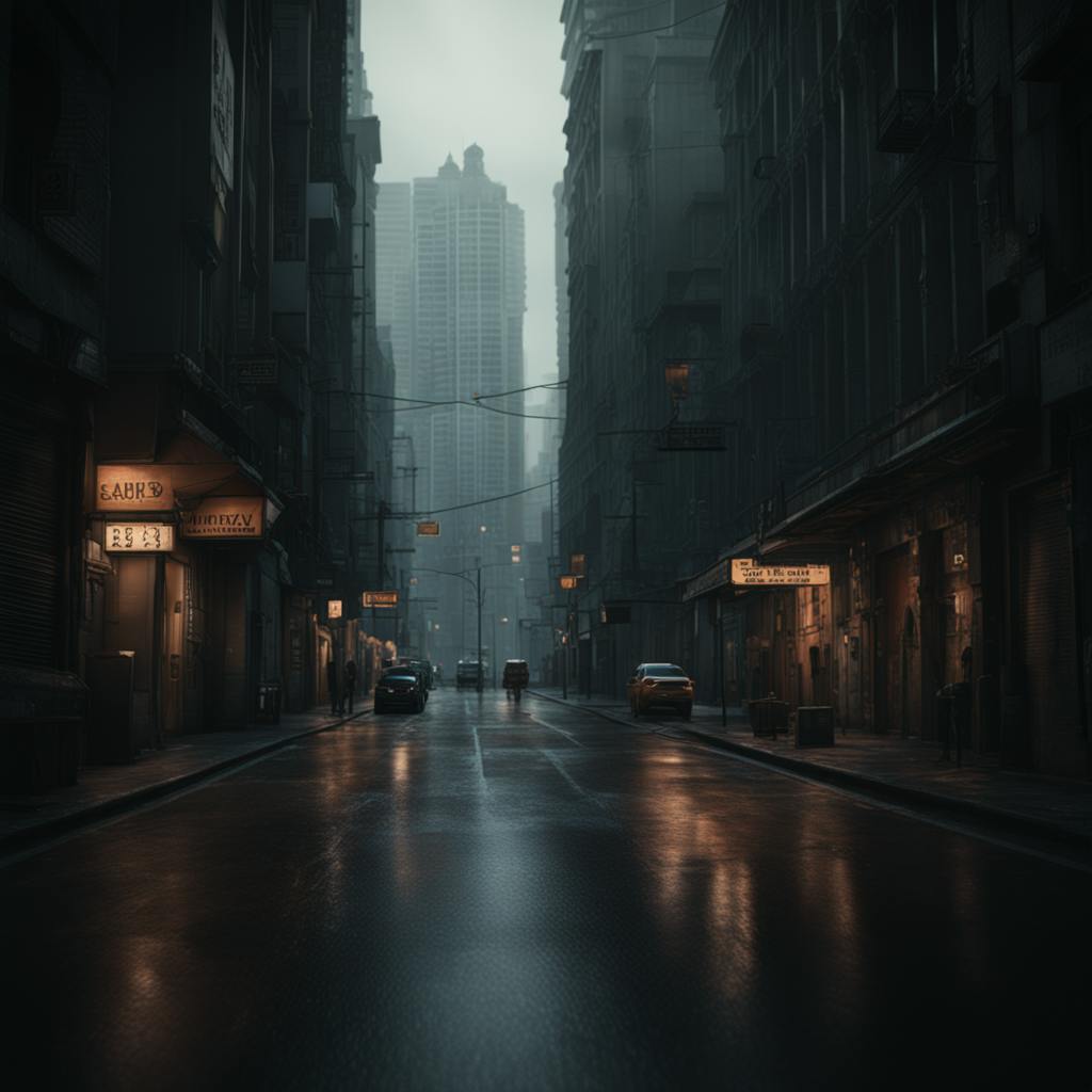 A dark, urban street scene with tall buildings and illuminated signs, evoking a sense of modern city life. Digital marketing for financial services.