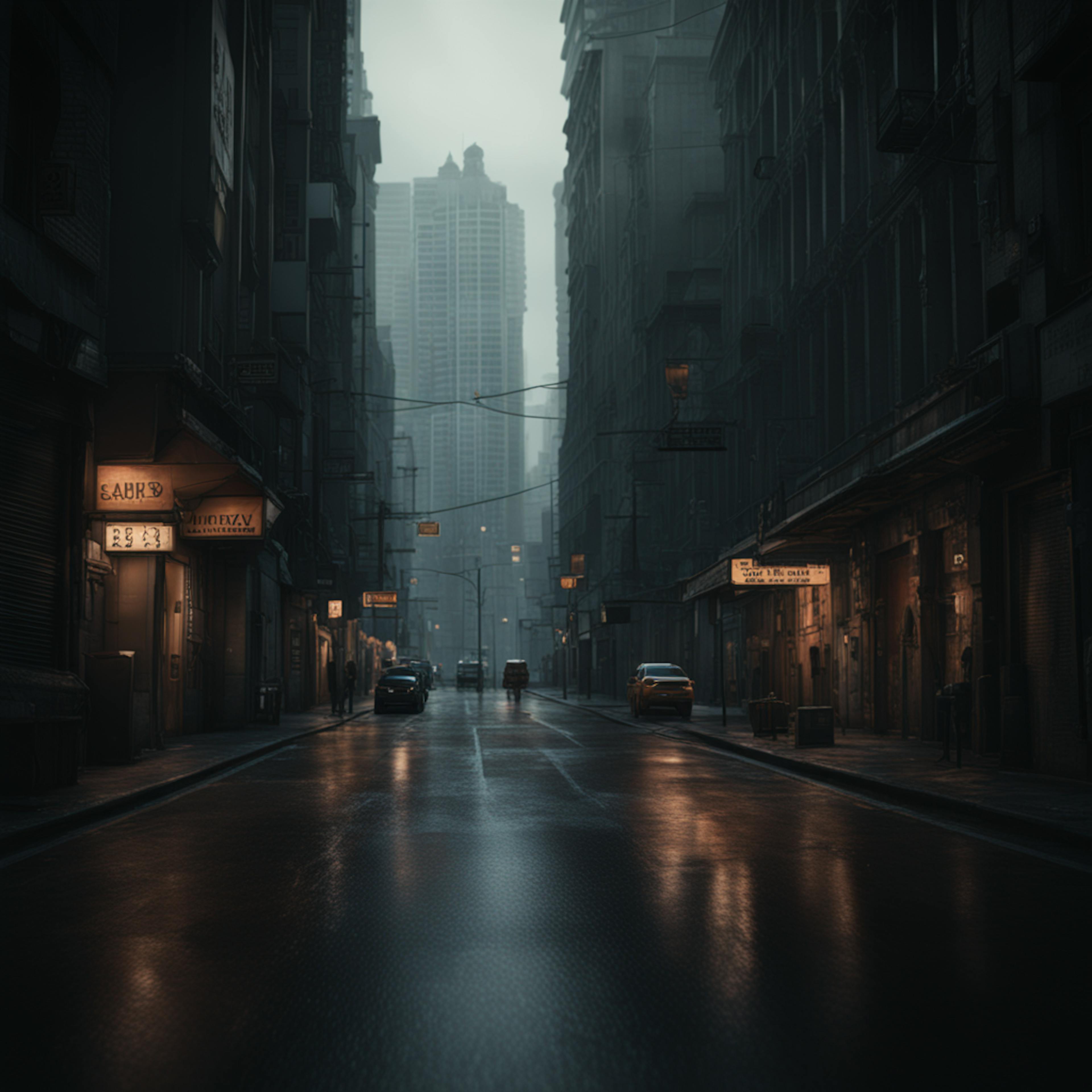 A dark, urban street scene with tall buildings and illuminated signs, evoking a sense of modern city life. Digital marketing for financial services.