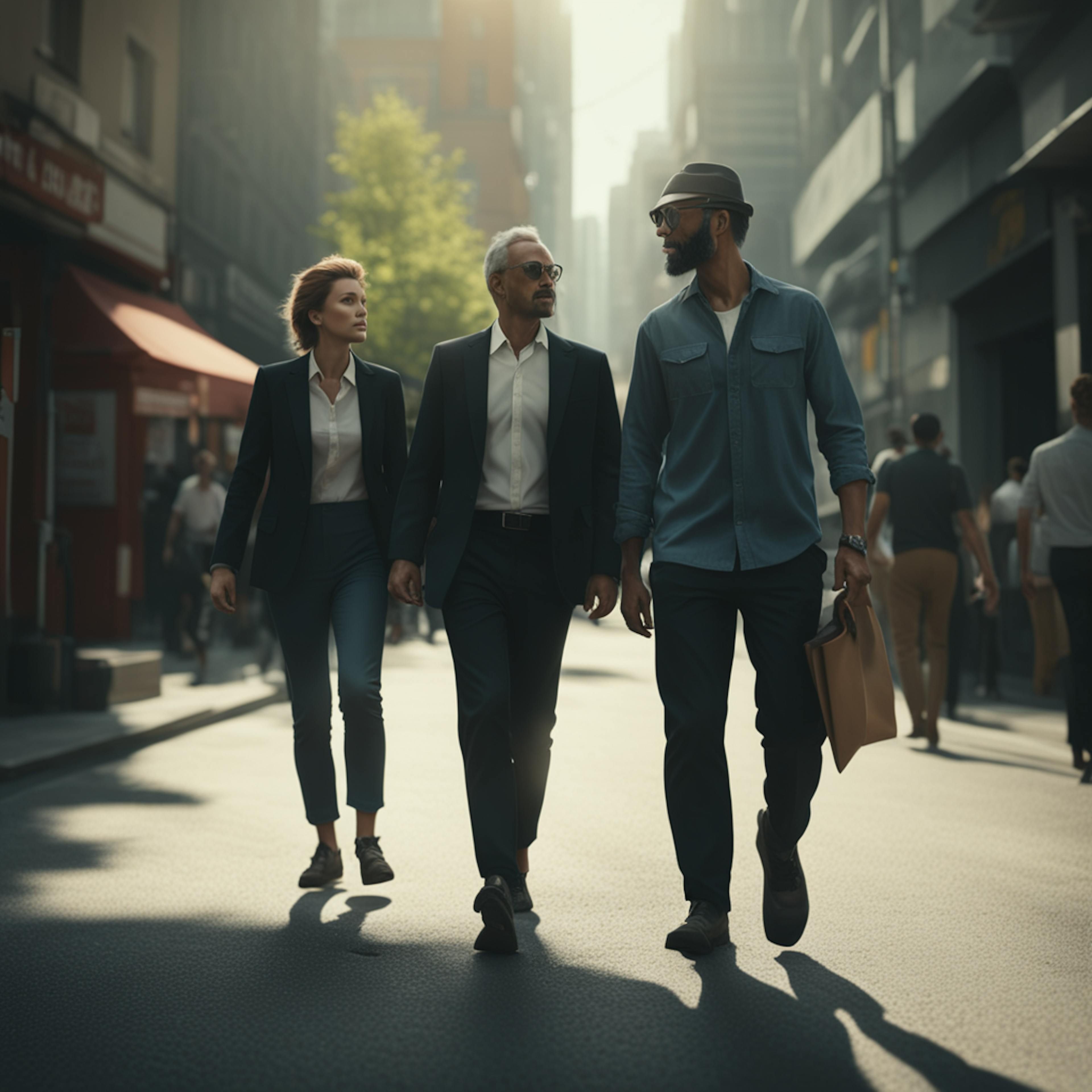 Three professionals walking confidently down a sunlit city street, engaging in conversation. Digital marketing for financial services.