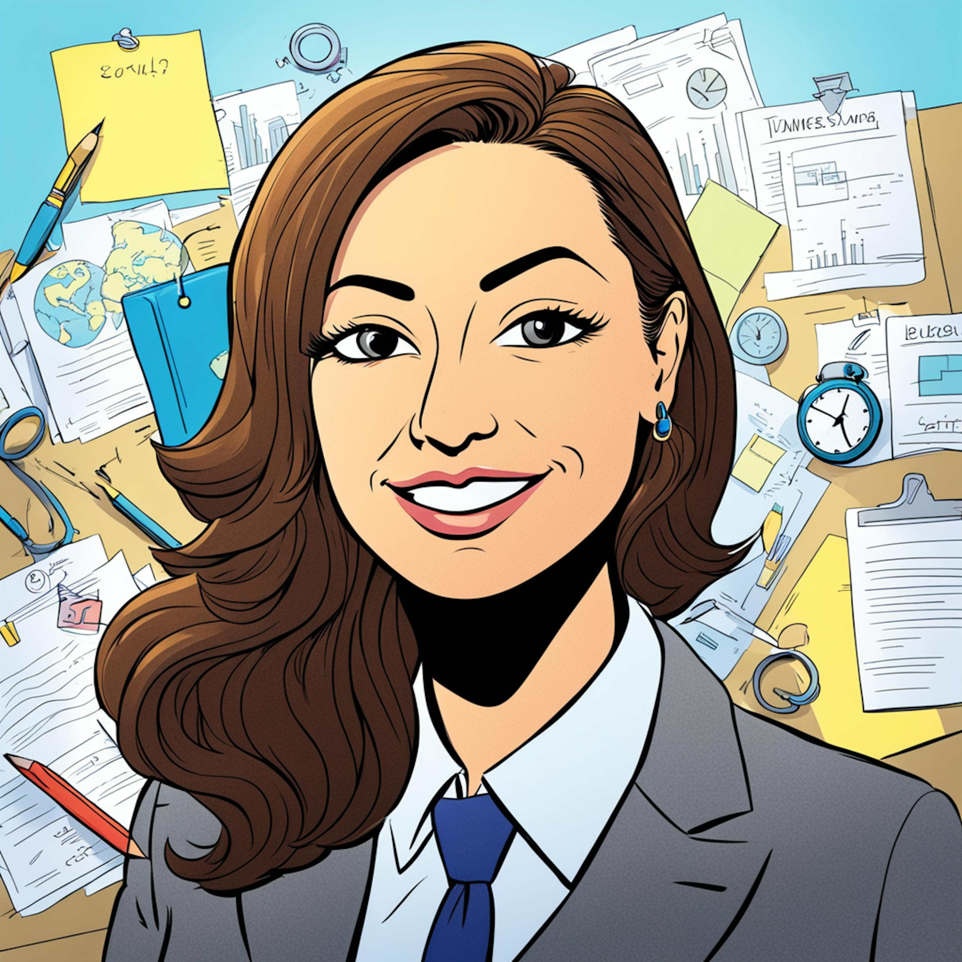 Illustration of a smiling woman with brown hair in a business suit, surrounded by office documents and supplies. Event marketing jobs.