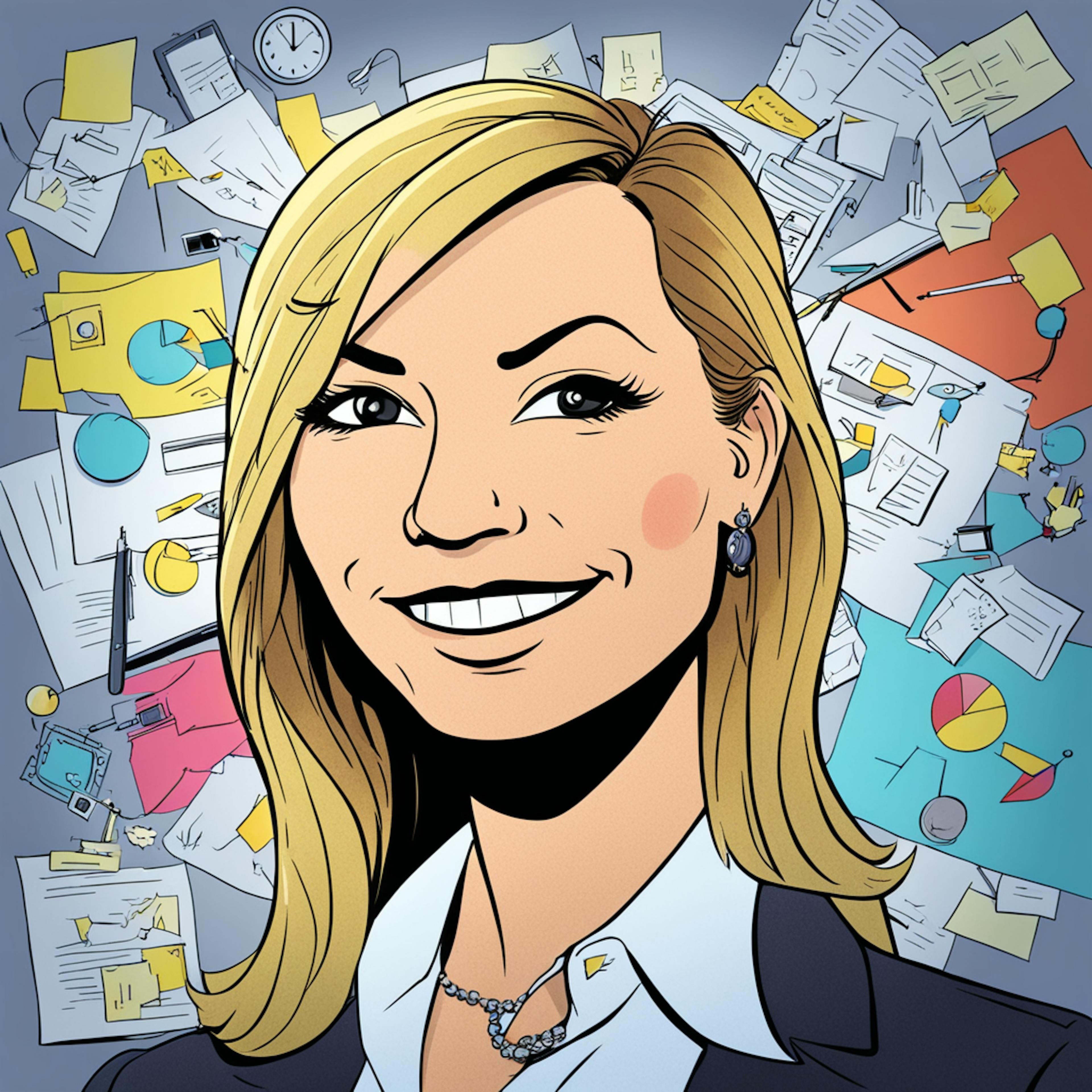 Illustration of a smiling blonde woman in a business suit, with a background filled with various office papers and charts. Event marketing jobs.