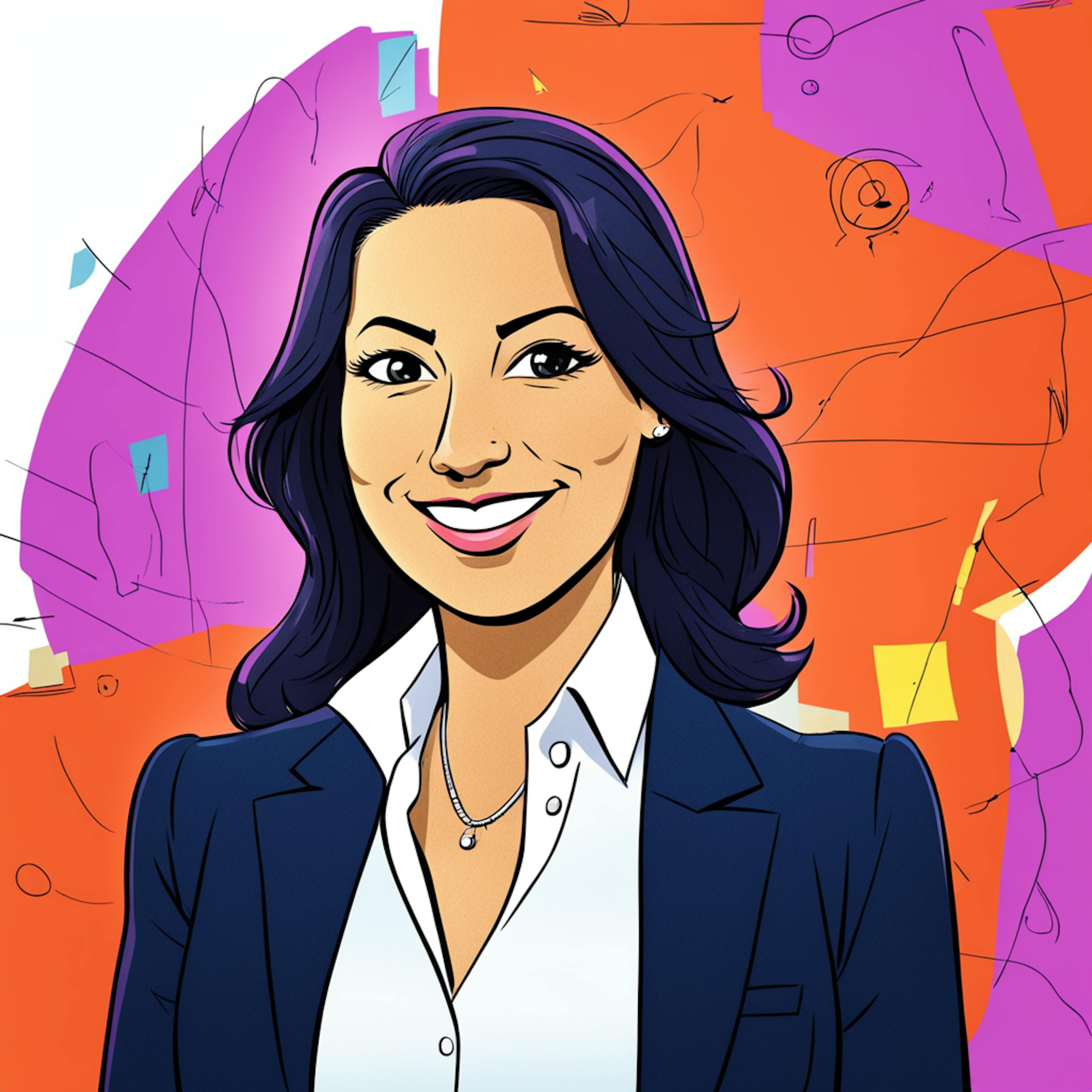 Illustration of a smiling woman with dark hair in a business suit, set against a colorful background of office elements. Event marketing jobs.