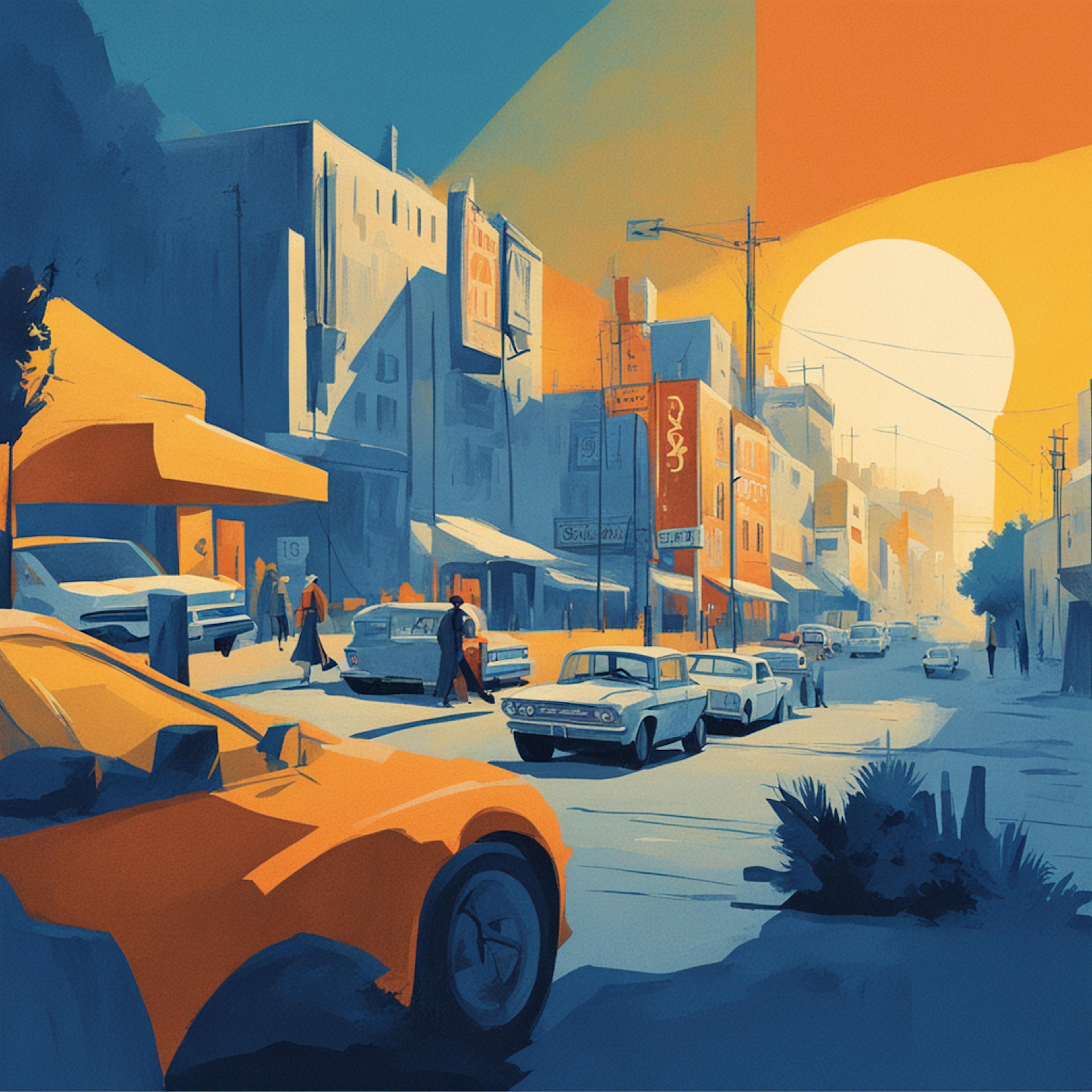 A vibrant street scene with people, cars, and storefronts under a setting sun. Dumb conversations we lose track of time.