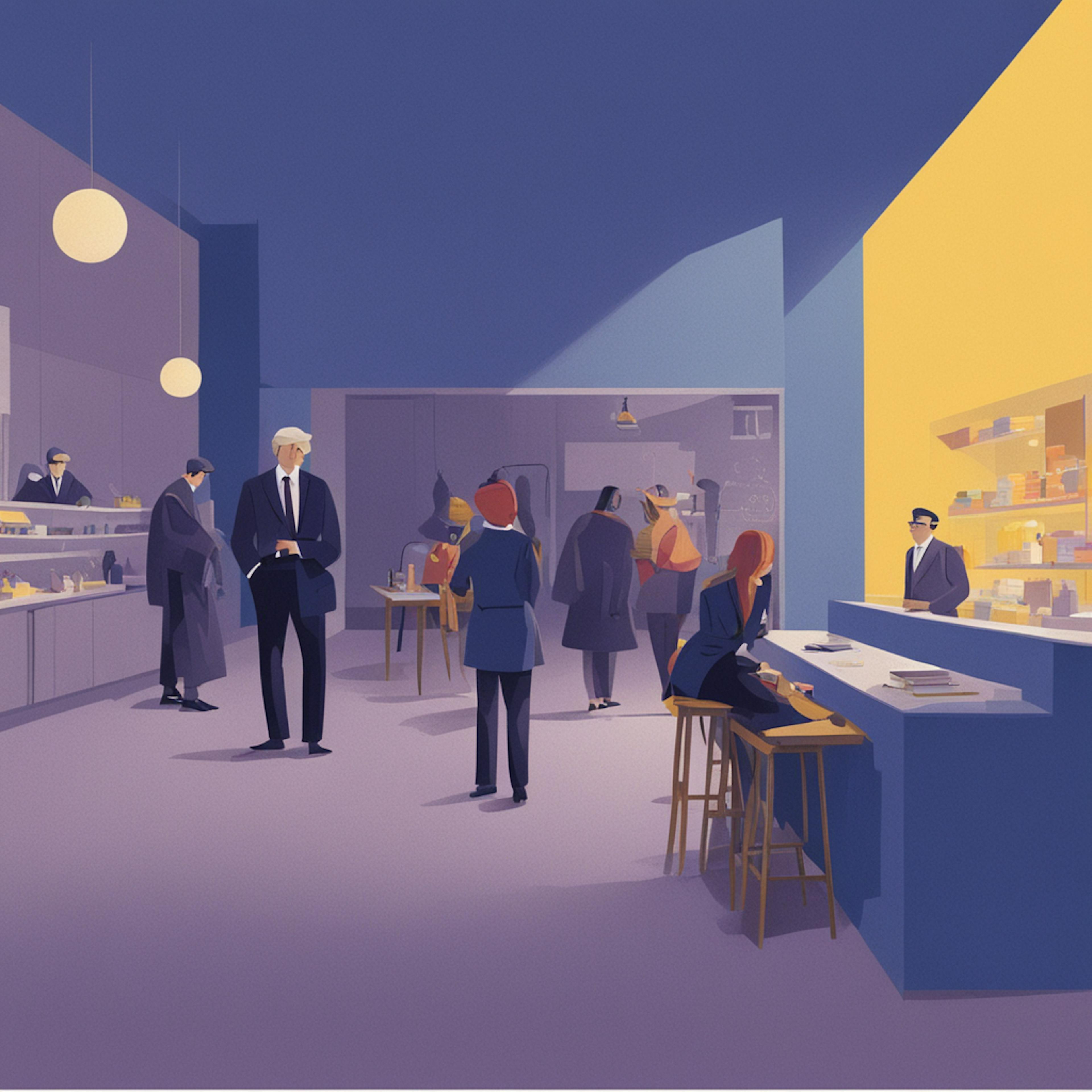 An illustration of people interacting inside a modern café or workspace, with a warm yellow light illuminating part of the room. Dumb conversations we lose track of time.