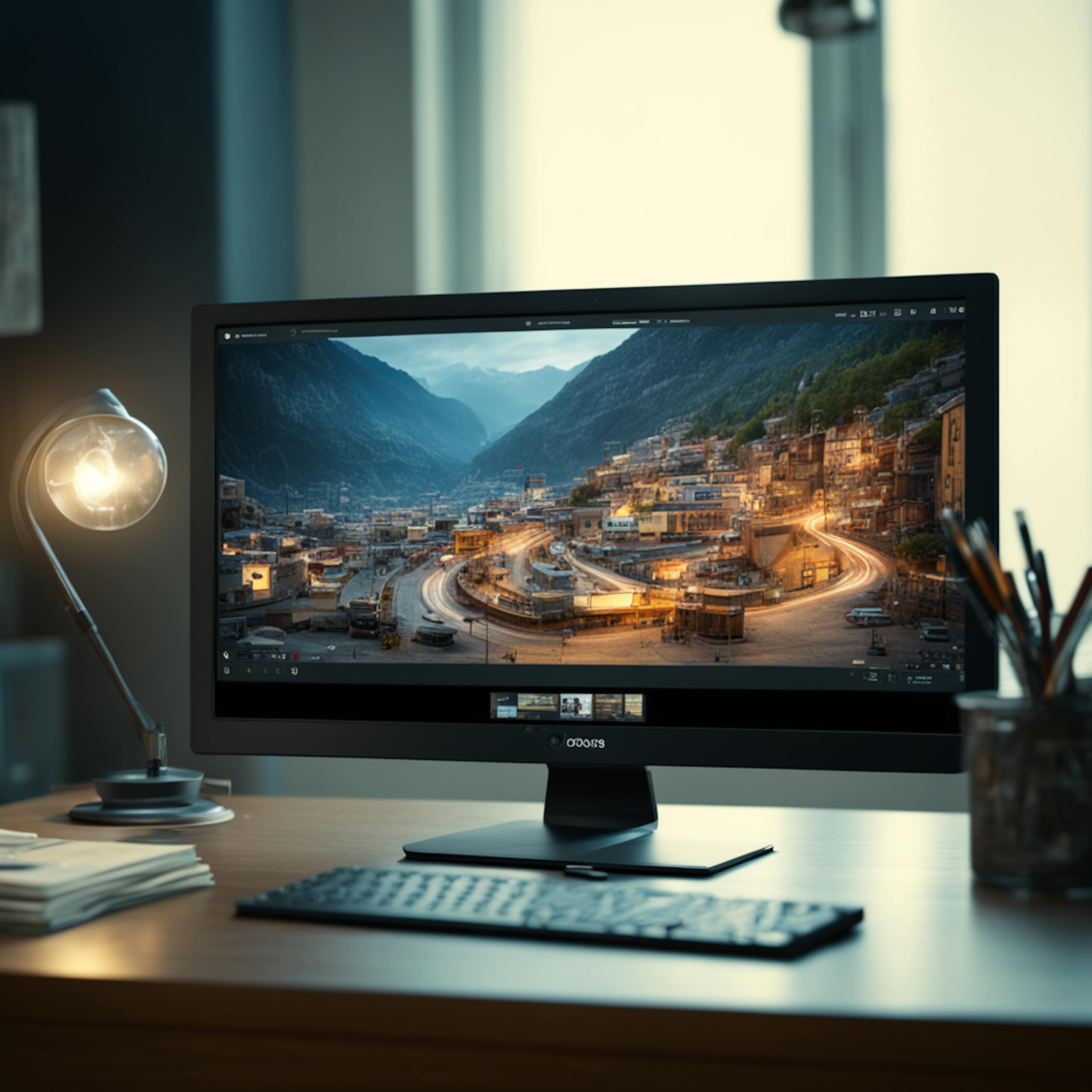 a desk setup with a computer monitor displaying a scenic cityscape surrounded by mountains and illuminated by streetlights. The workspace is organized with a lamp and a few books, creating an ambiance that prompts thoughts about enhancing visibility and engagement through "Google PPC ads."