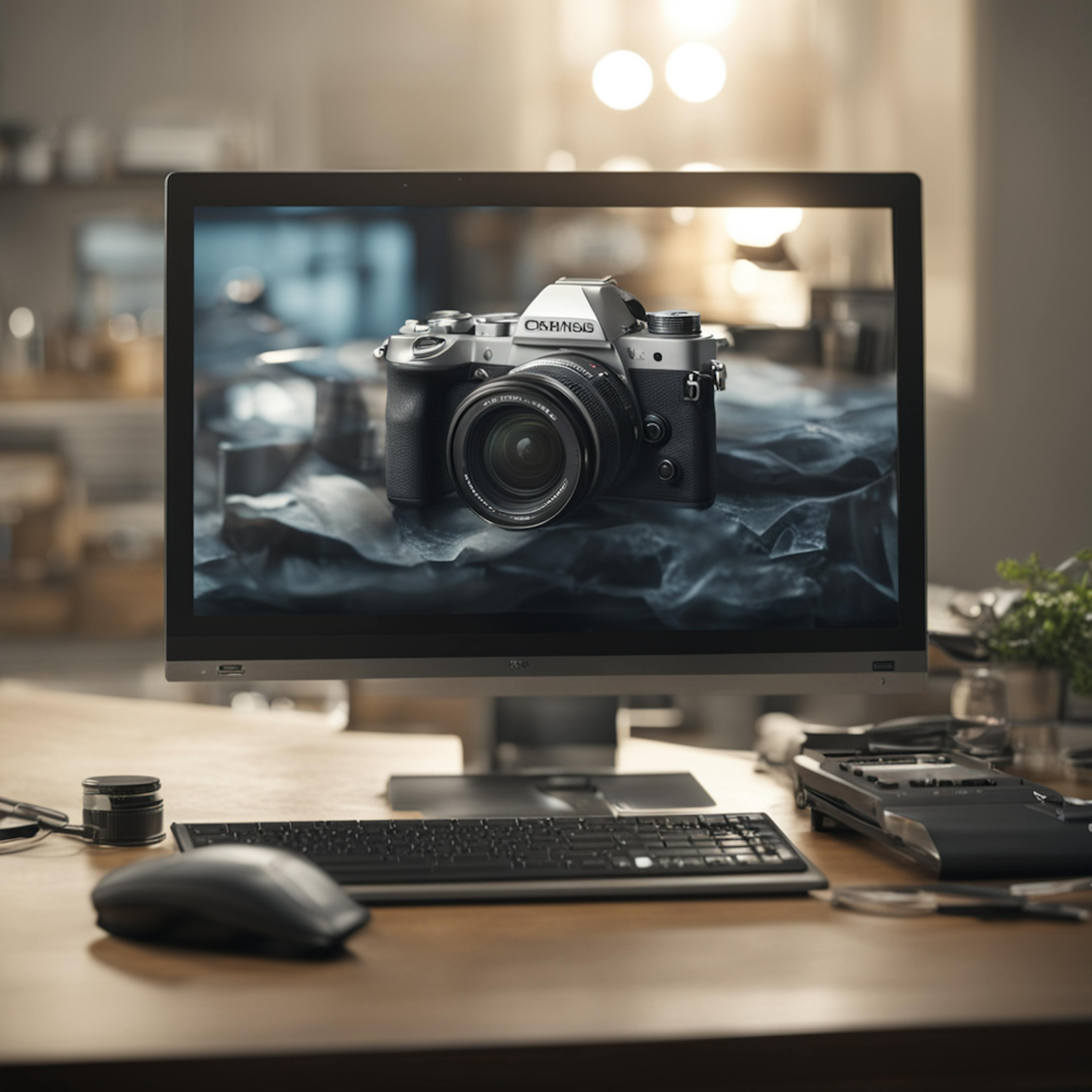 a computer monitor on a desk, displaying a detailed image of a professional camera. The desk also features various camera accessories and office supplies, emphasizing the precision and focus required in photography, much like the targeted approach needed for successful "Google PPC ads."