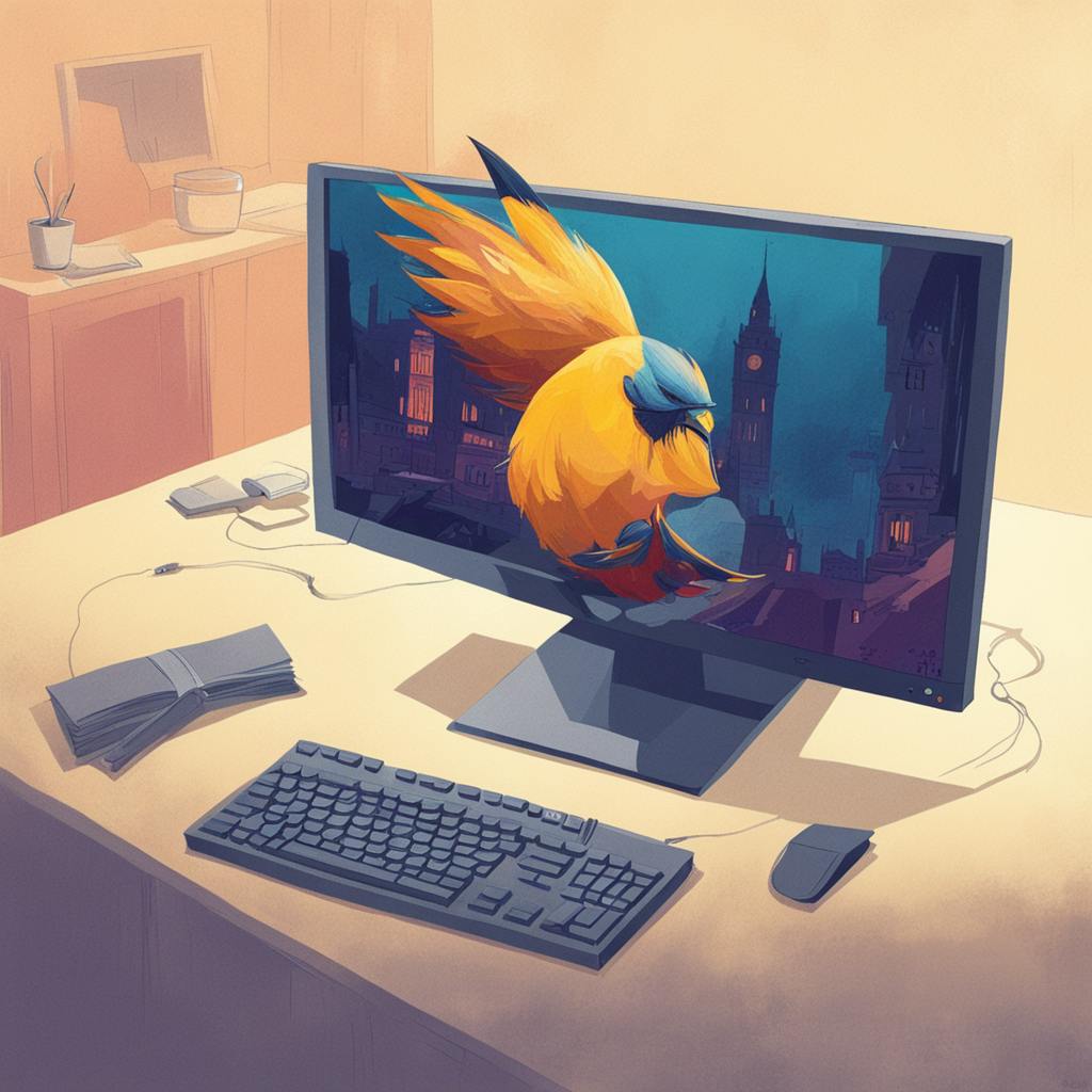 a modern, clean desk setup with a computer displaying a vibrant illustration of a bird against a cityscape background. The desk is neatly organized with a keyboard, mouse, and notebook, emphasizing a professional and creative environment. This image would be ideal for a "Google PPC ad" aimed at creative professionals and illustrators.