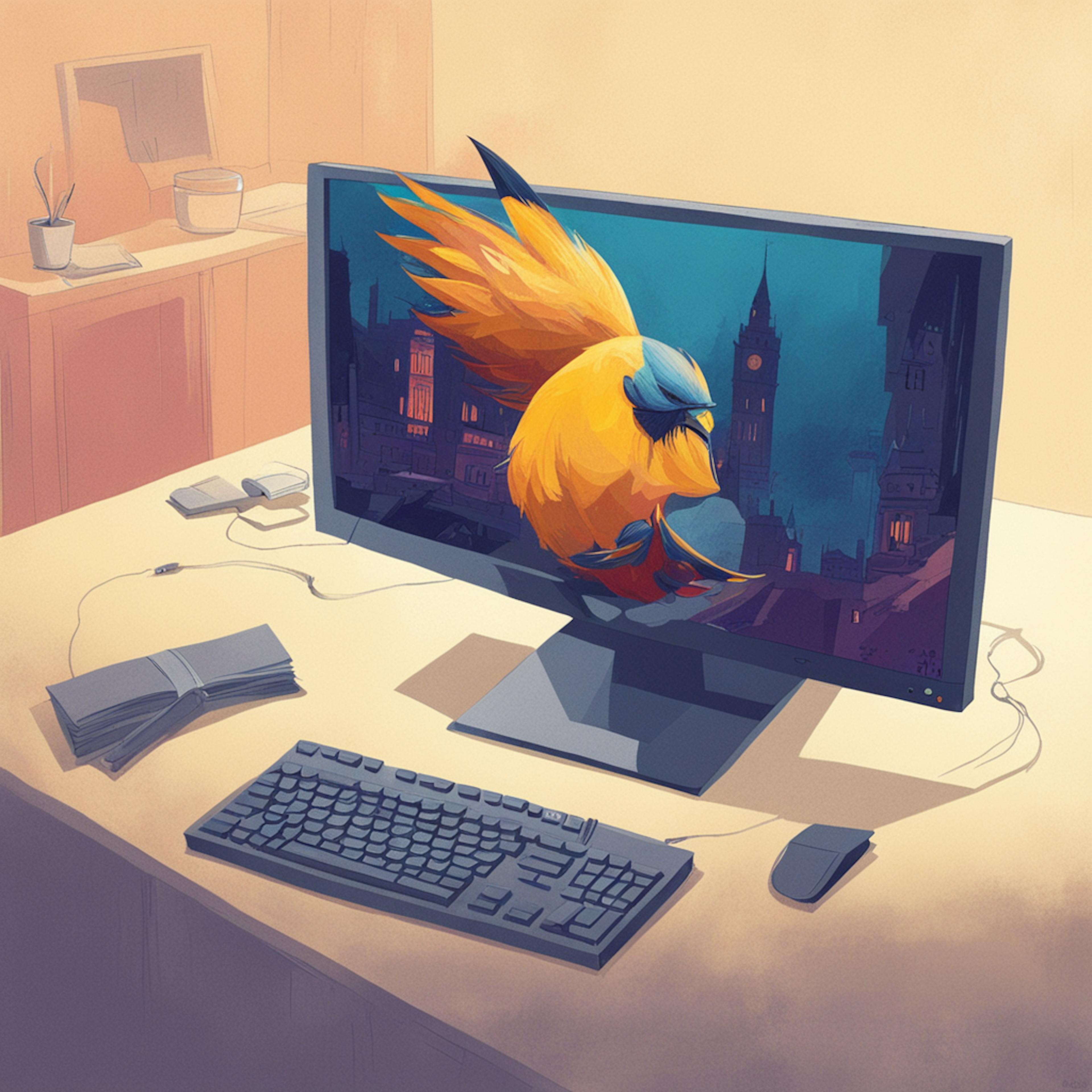 a modern, clean desk setup with a computer displaying a vibrant illustration of a bird against a cityscape background. The desk is neatly organized with a keyboard, mouse, and notebook, emphasizing a professional and creative environment. This image would be ideal for a "Google PPC ad" aimed at creative professionals and illustrators.